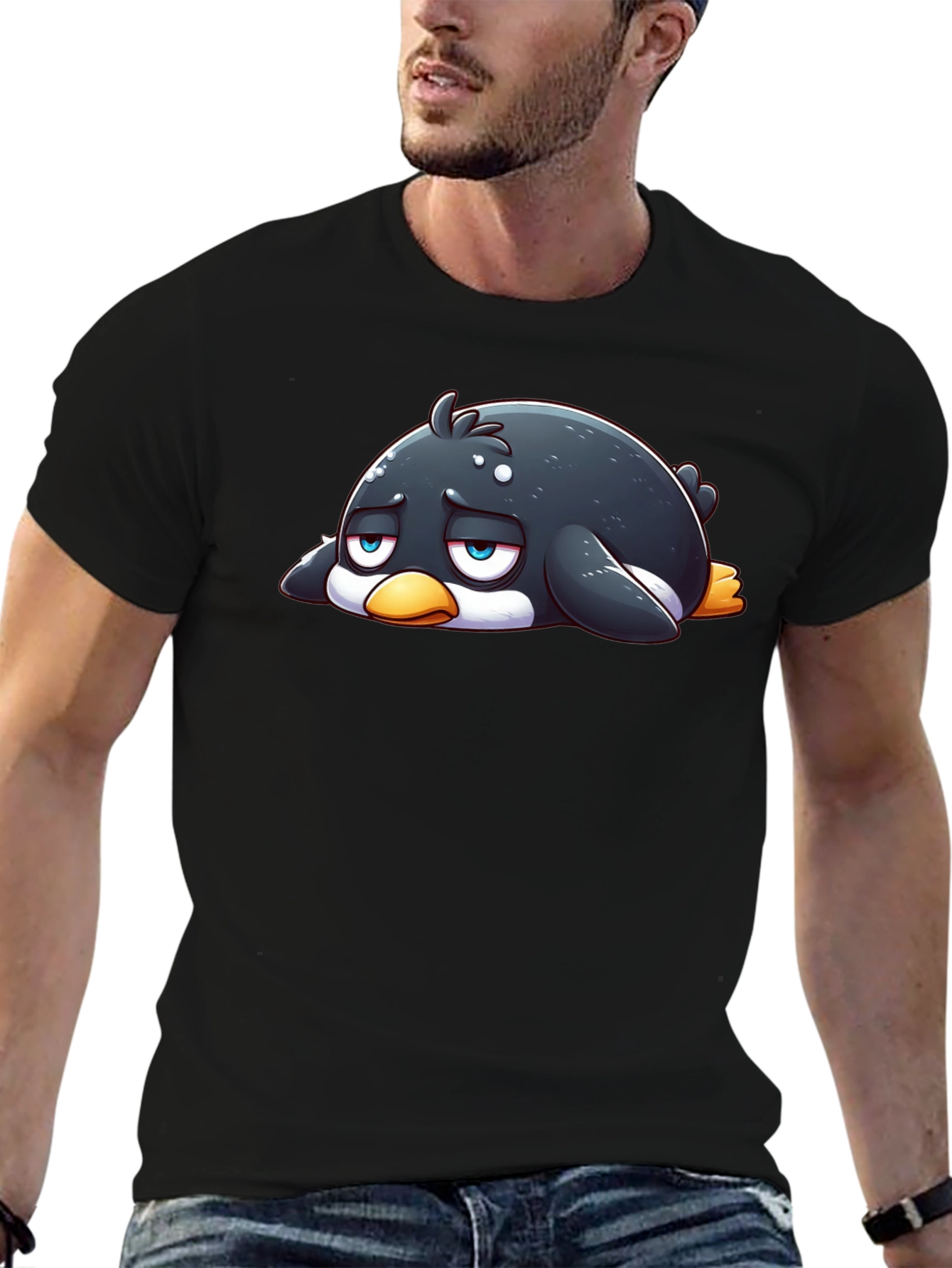 Black Sad Penguin Graphic Tee - Black Cotton Blend view 6