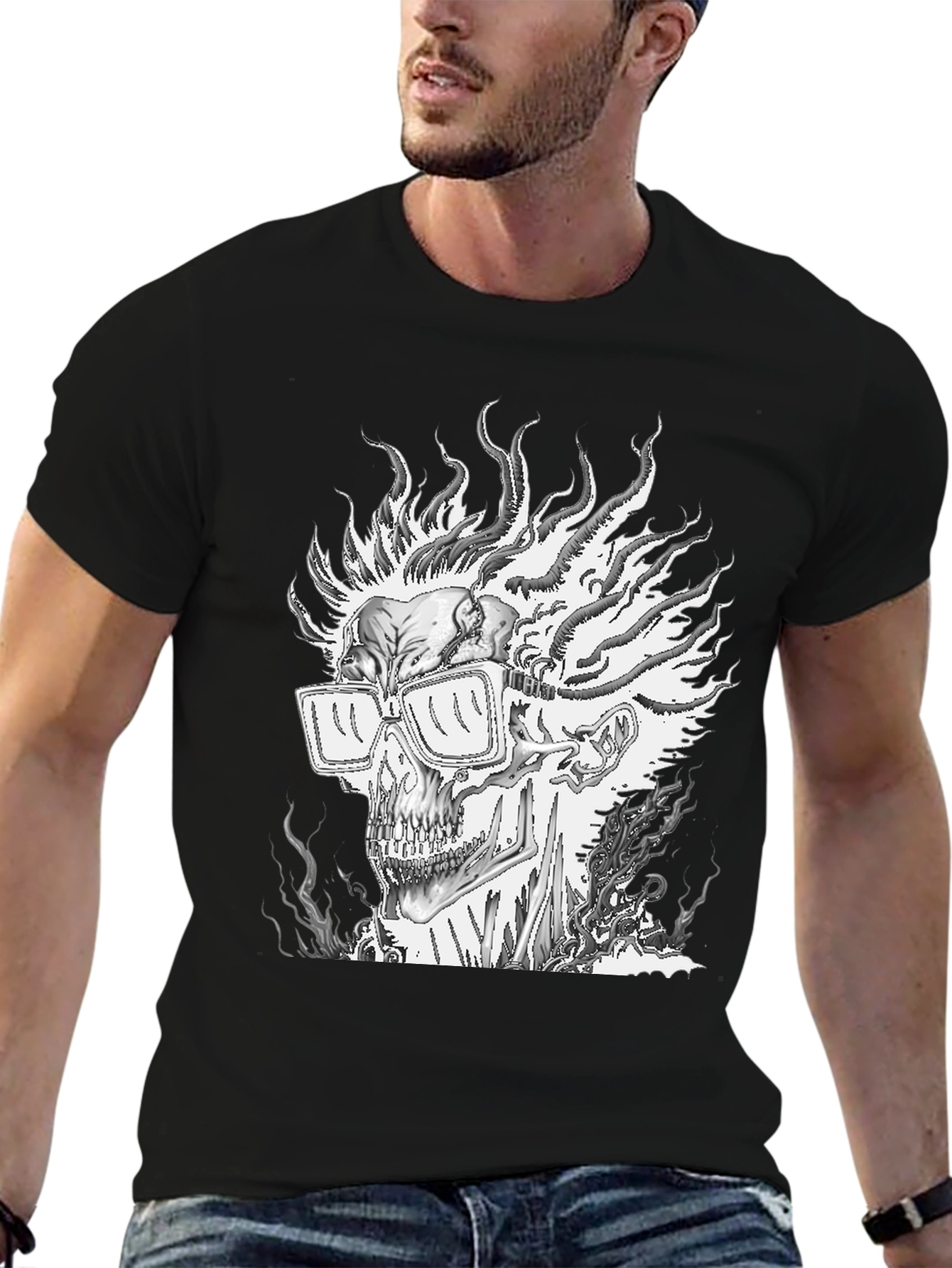 Black Flaming Skull Graphic Tee - Men's Black T-Shirt view 6