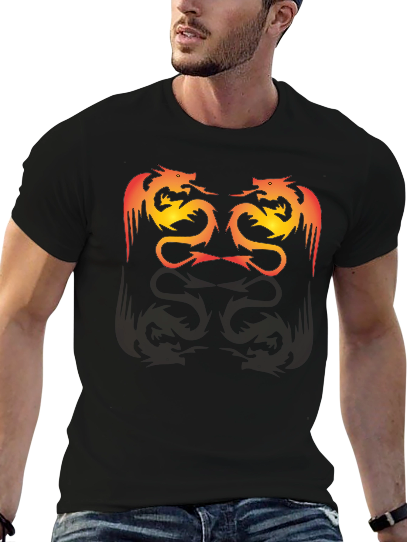 Black Twin Dragon Graphic Tee - Black Cotton Blend view 6