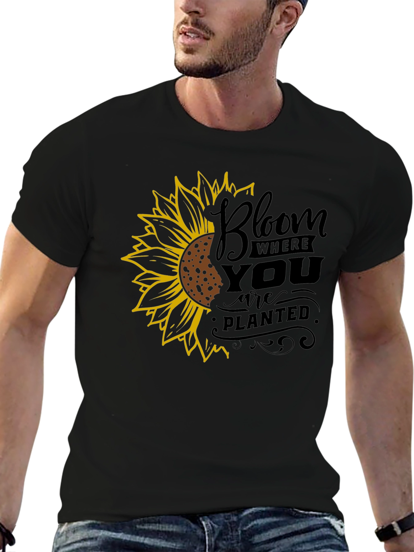 Black Bloom Where You Are Planted Sunflower Black T-Shirt view 6