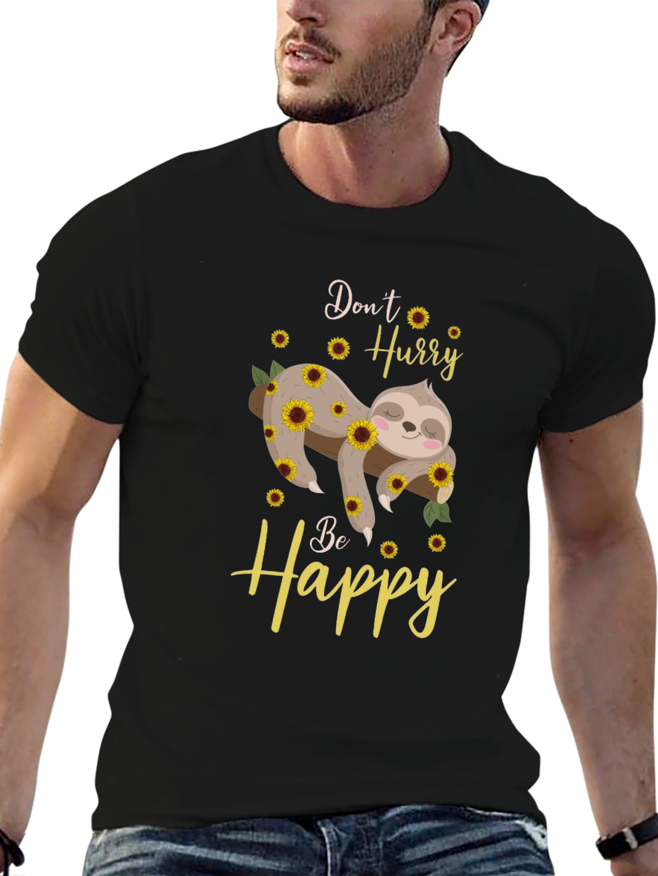 Black Don't Hurry Be Happy Sloth Sunflower Graphic T-Shirt view 6