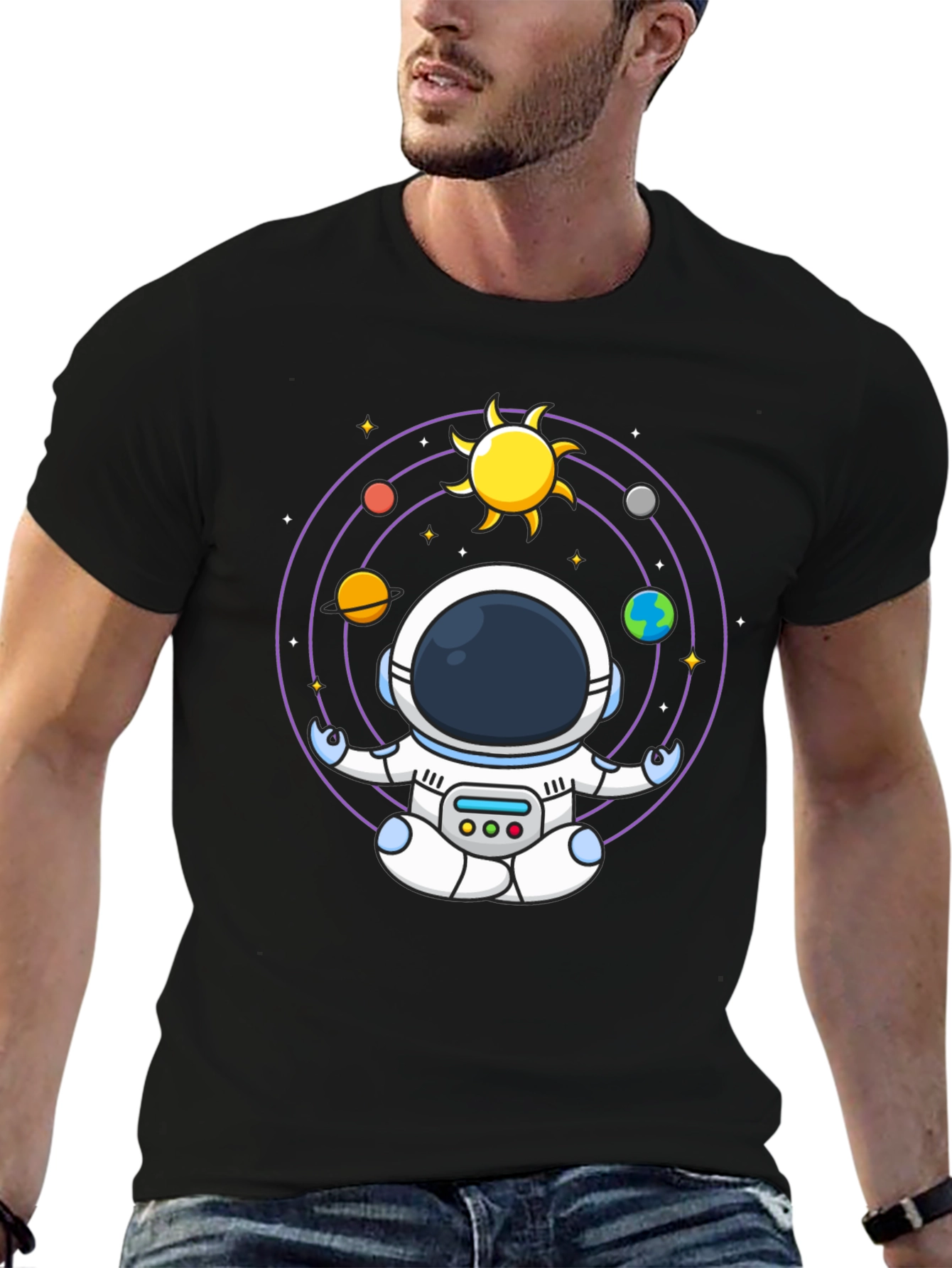 Black Astronaut Meditation T-Shirt - Black Cotton Blend view 6