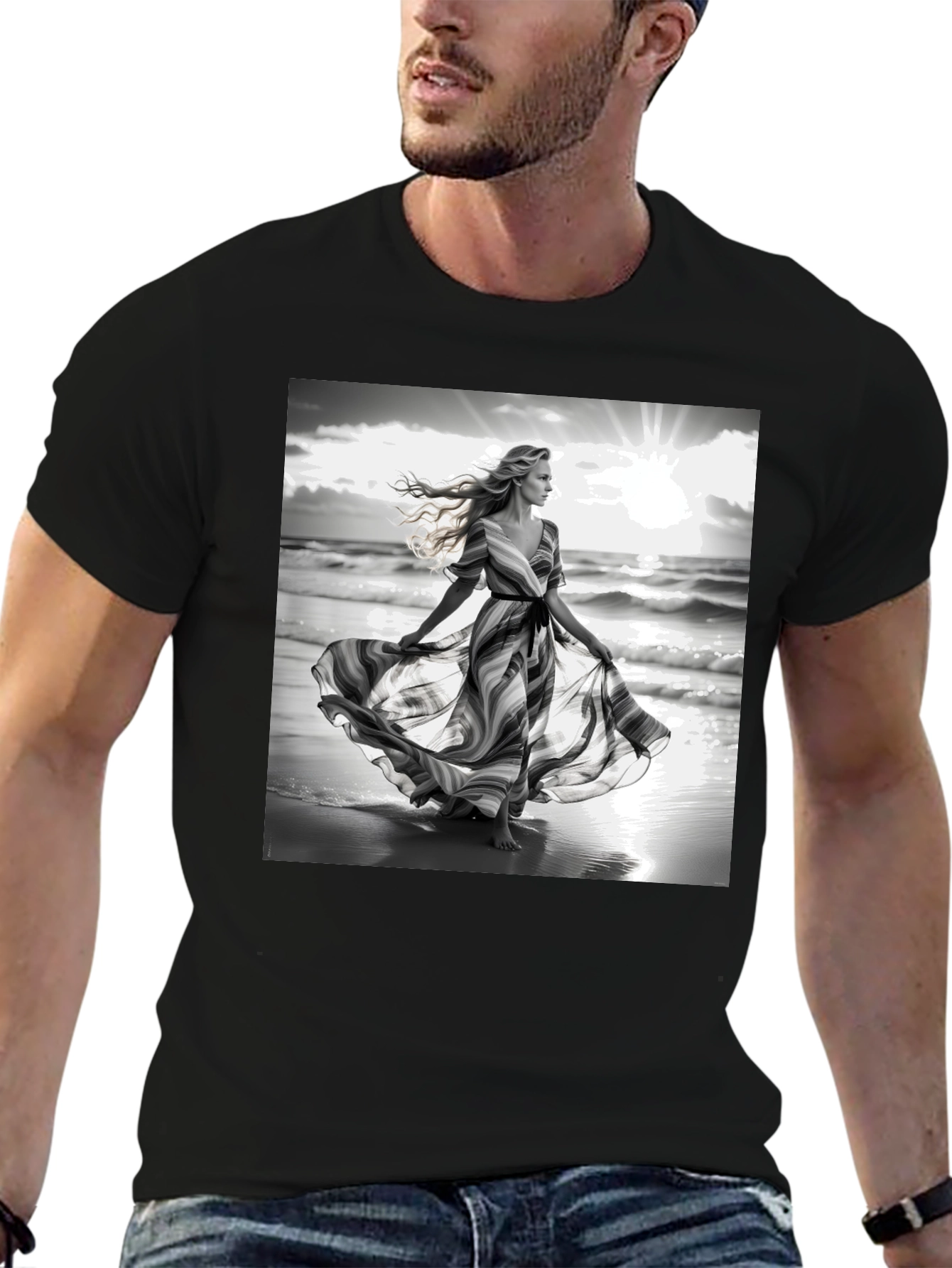 Black Elegant Woman on Beach T-Shirt view 6