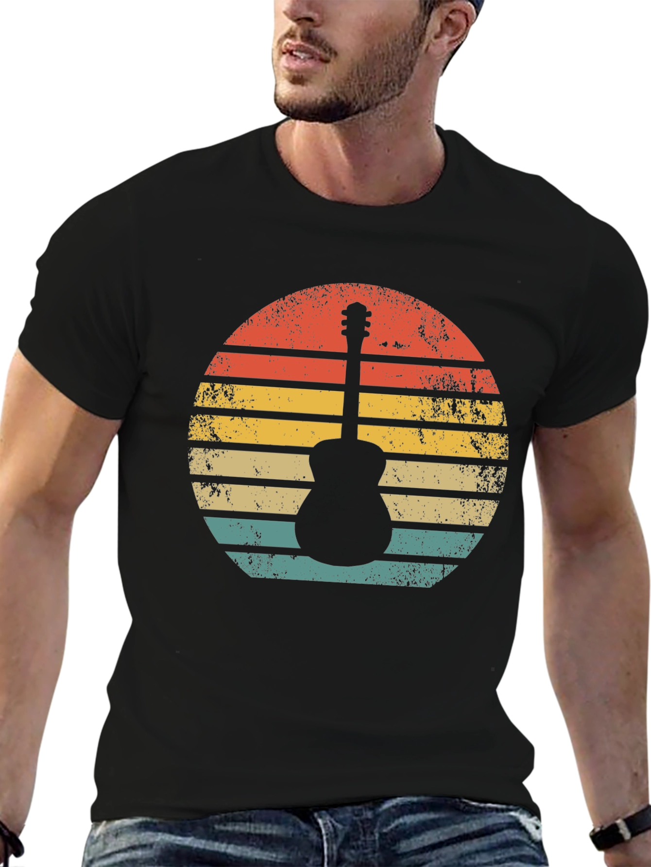 Black Retro Guitar Sunset T-Shirt - Vintage Style Music Tee view 6