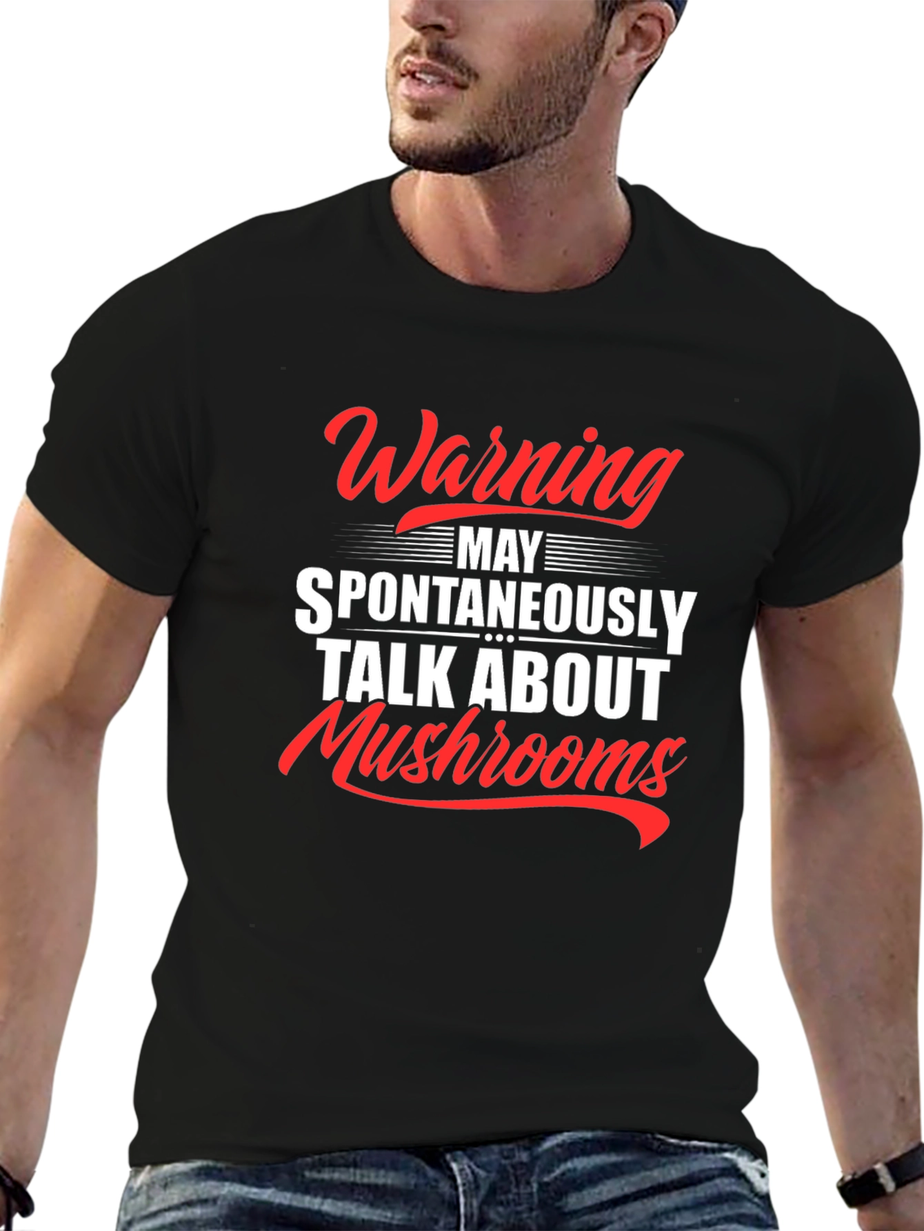 Black Warning: May Spontaneously Talk About Mushrooms T-Shirt view 6