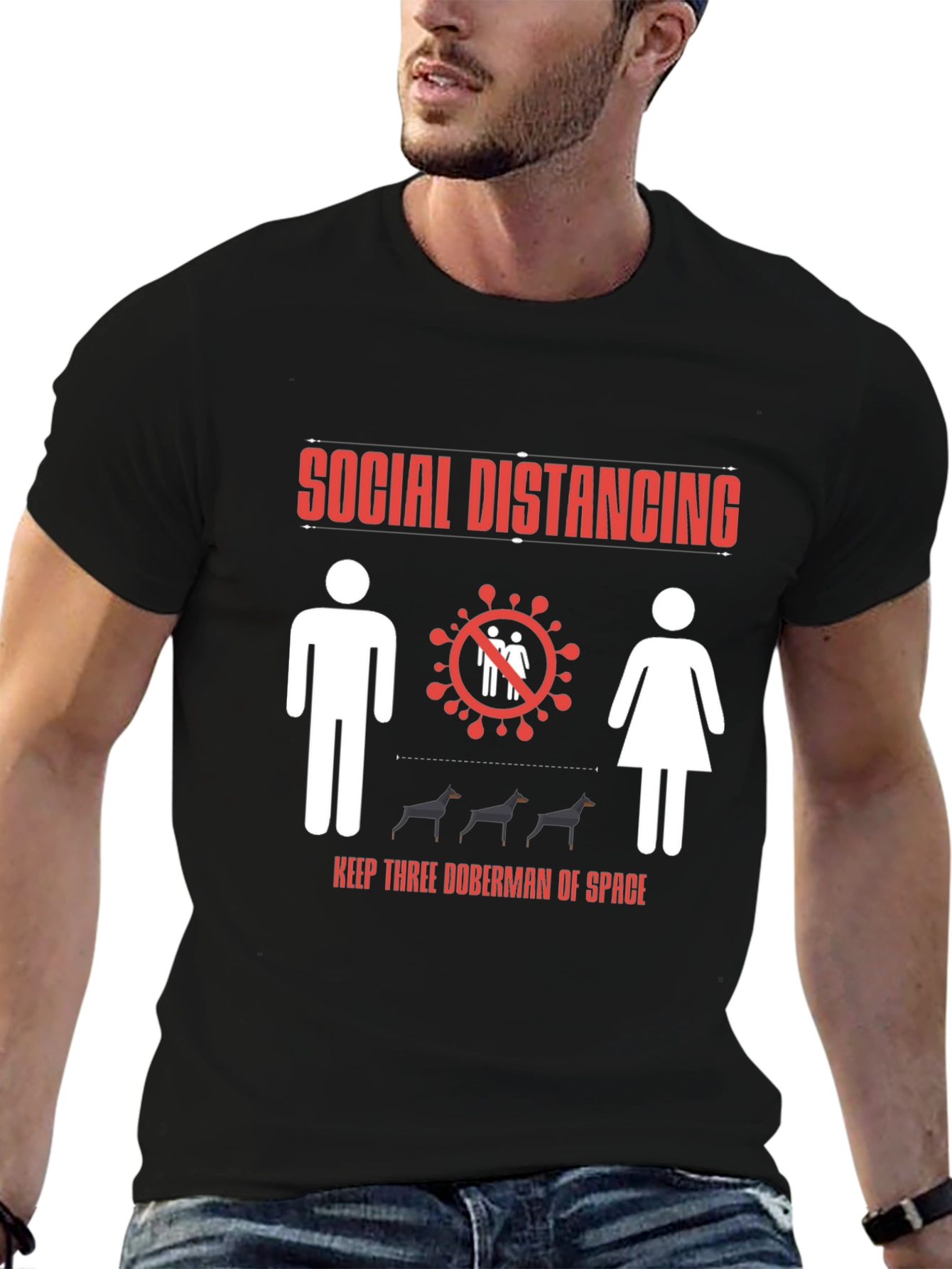 Black Social Distancing Doberman T-Shirt view 6