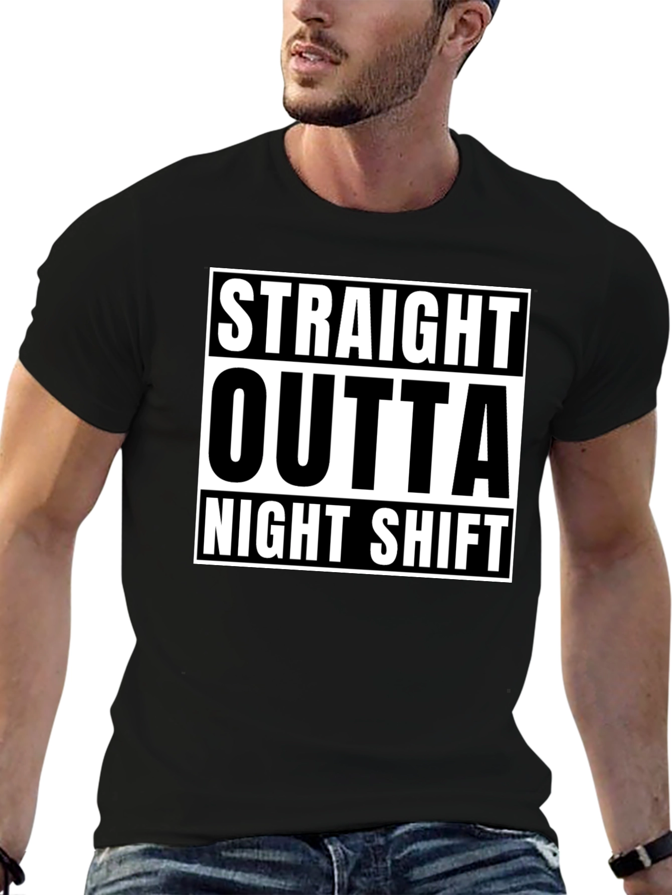 Black Straight Outta Night Shift Black Graphic T-Shirt view 6