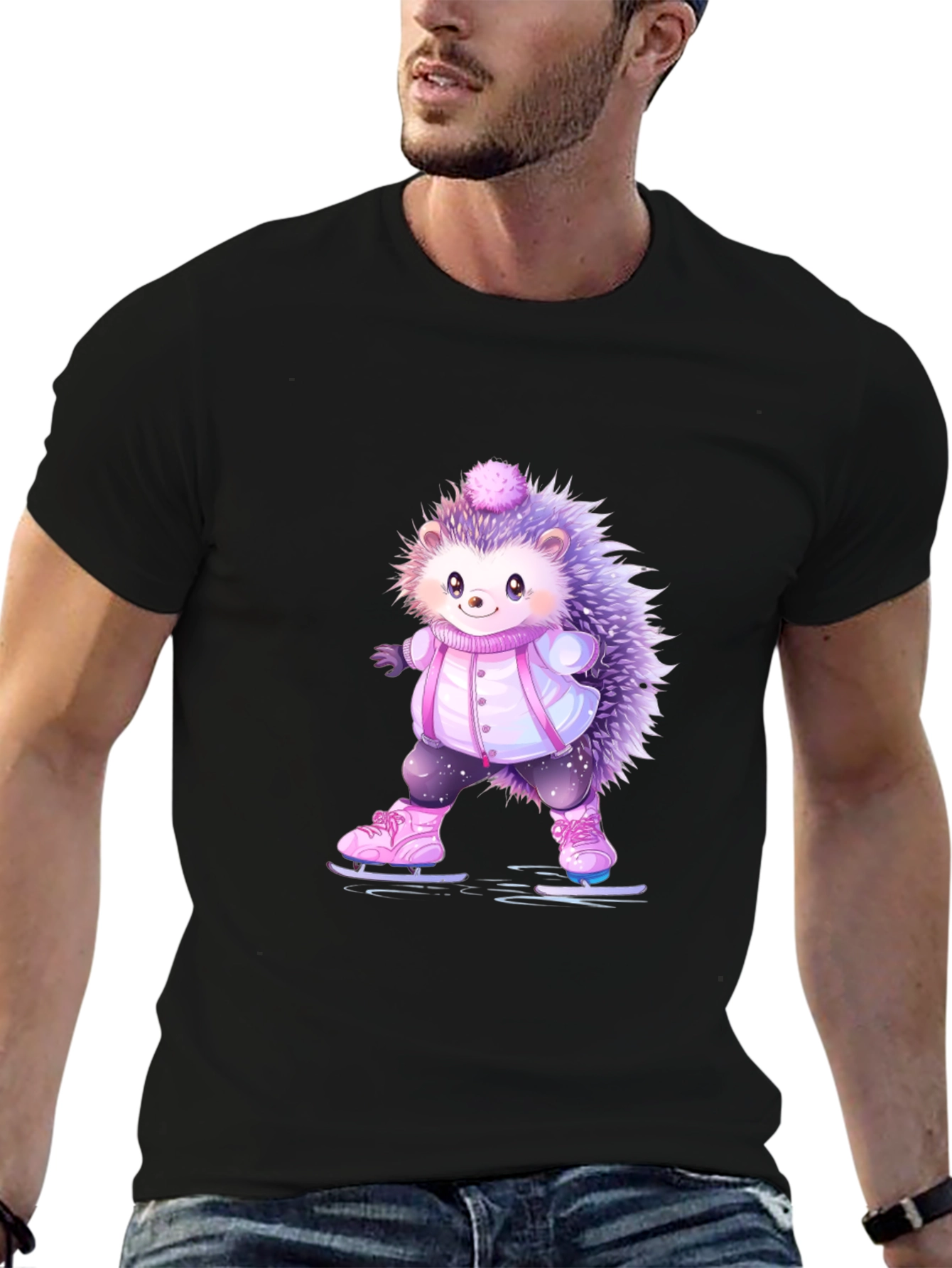 Black Cute Hedgehog Ice Skating T-Shirt view 6