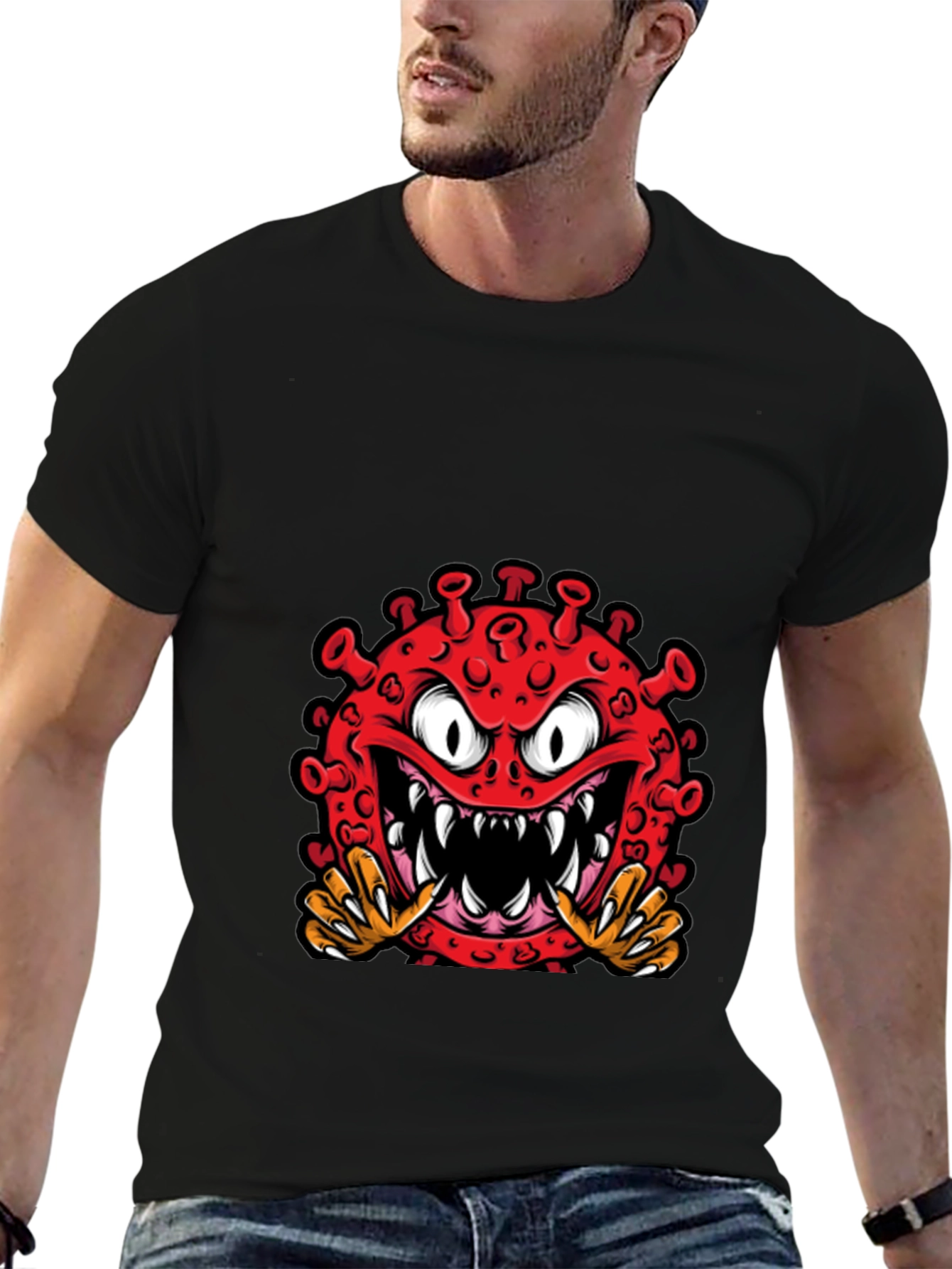 Black Cartoon Virus Graphic Tee - Novelty T-Shirt view 6