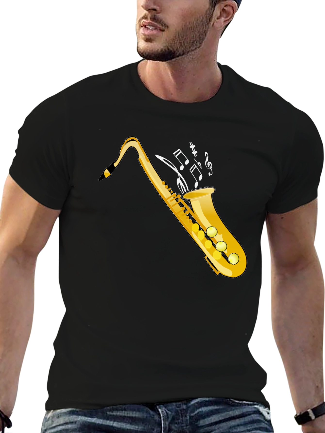 Black Saxophone Music Notes Graphic Tee view 6