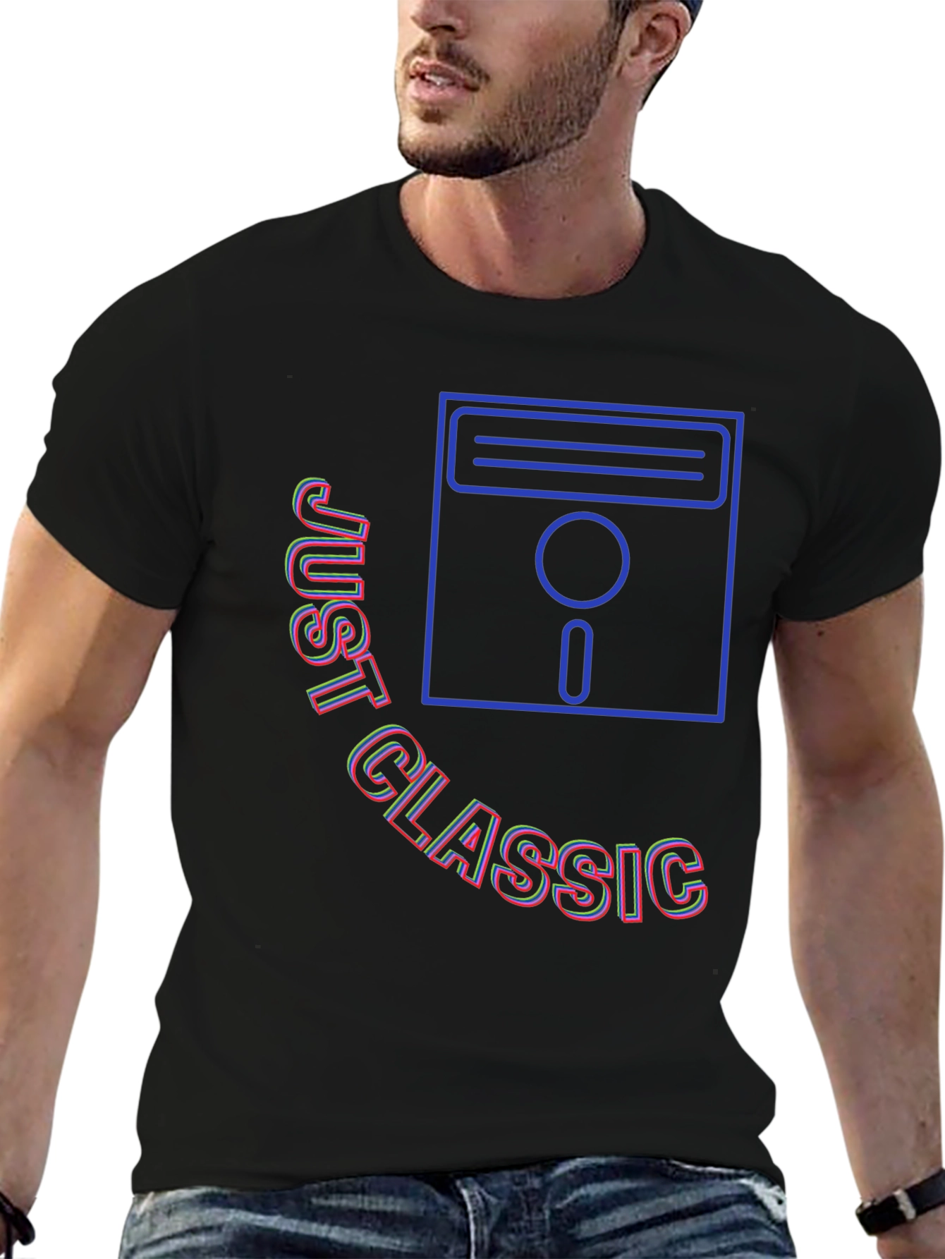 Black Just Classic Retro Floppy Disk Graphic T-Shirt view 6