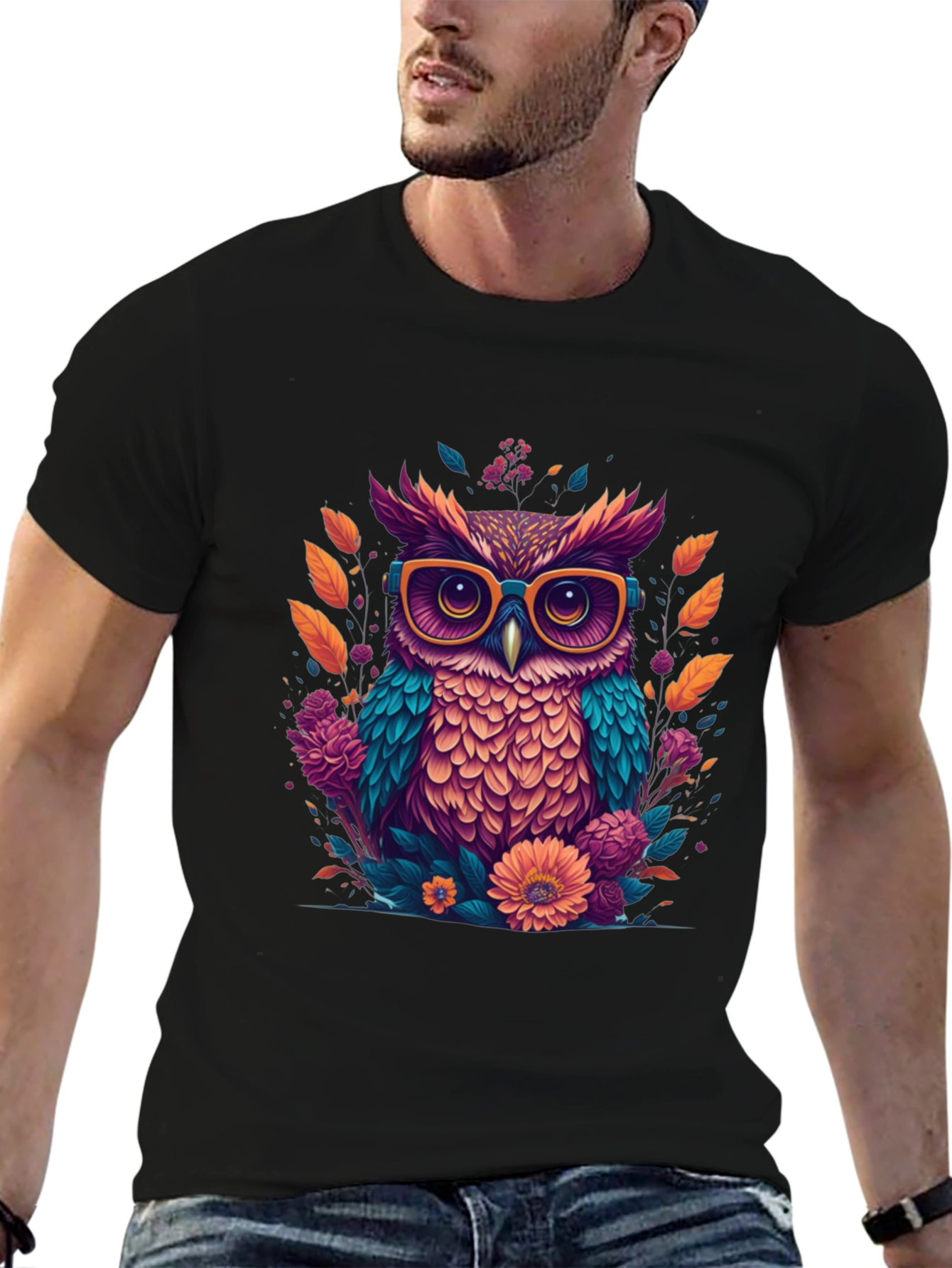 Black Owl with Glasses Graphic Tee view 6