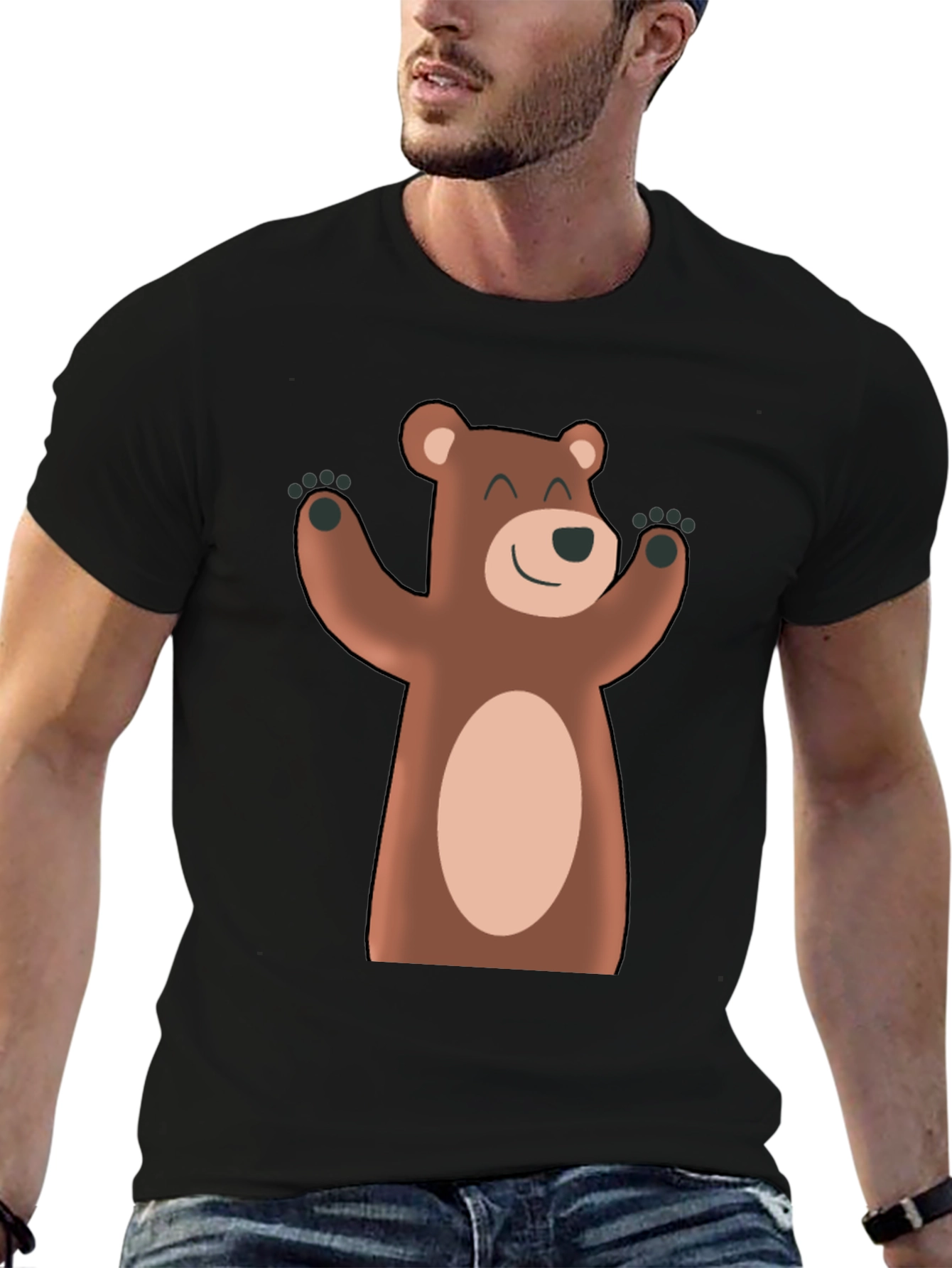 Black Cute Cartoon Bear Black T-Shirt view 6