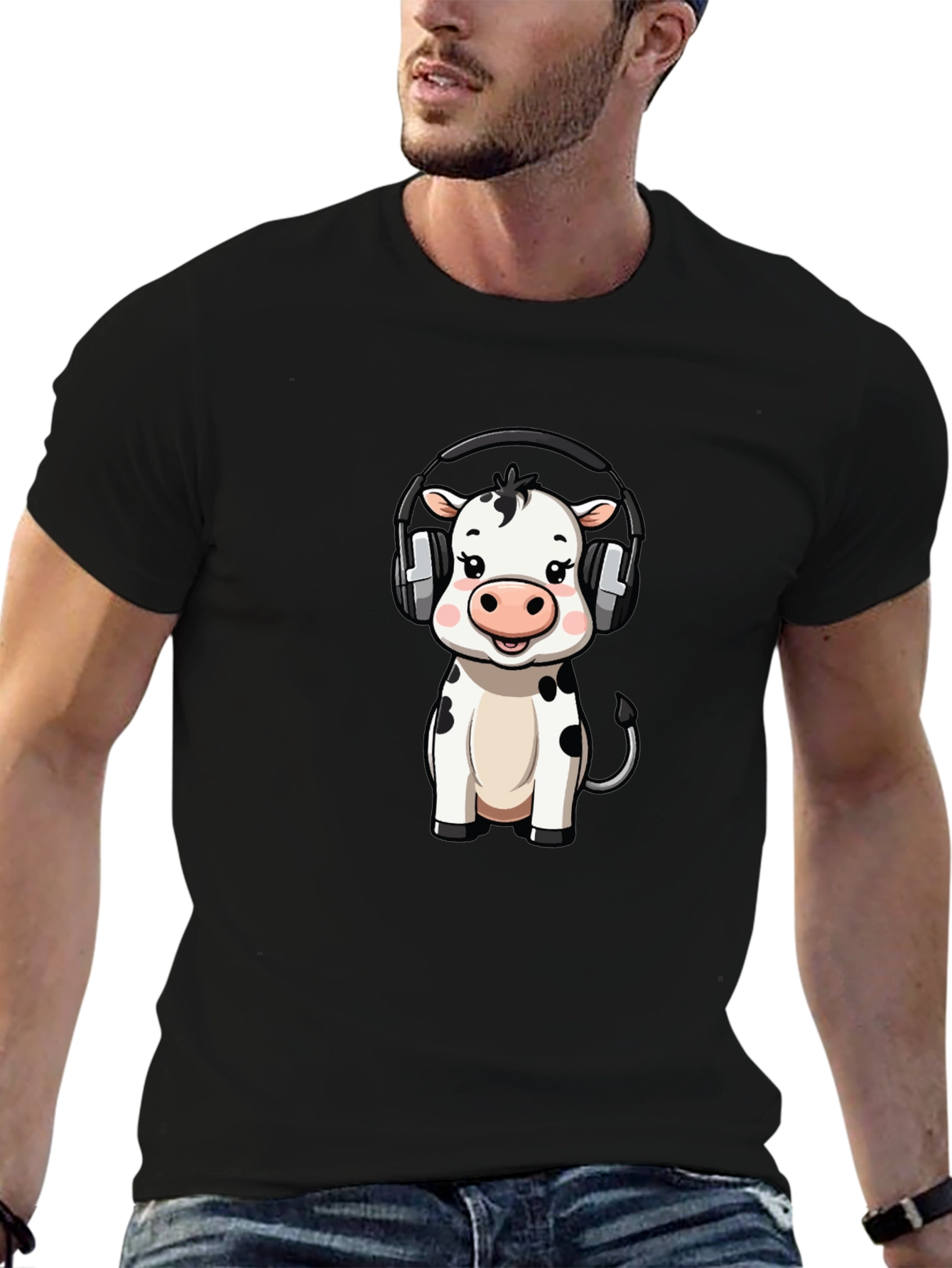 Black Cute Cow with Headphones Graphic Tee - Black Cotton view 6