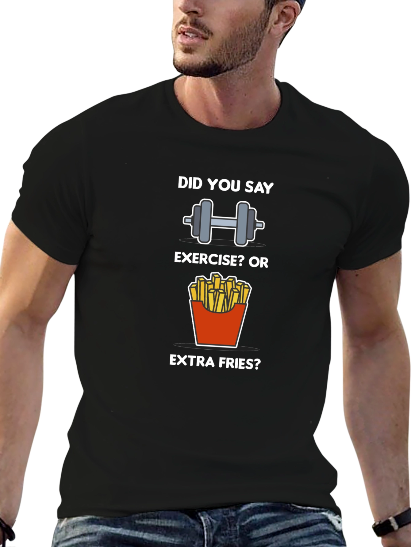 Black Exercise or Extra Fries T-Shirt - Funny Workout Tee view 6