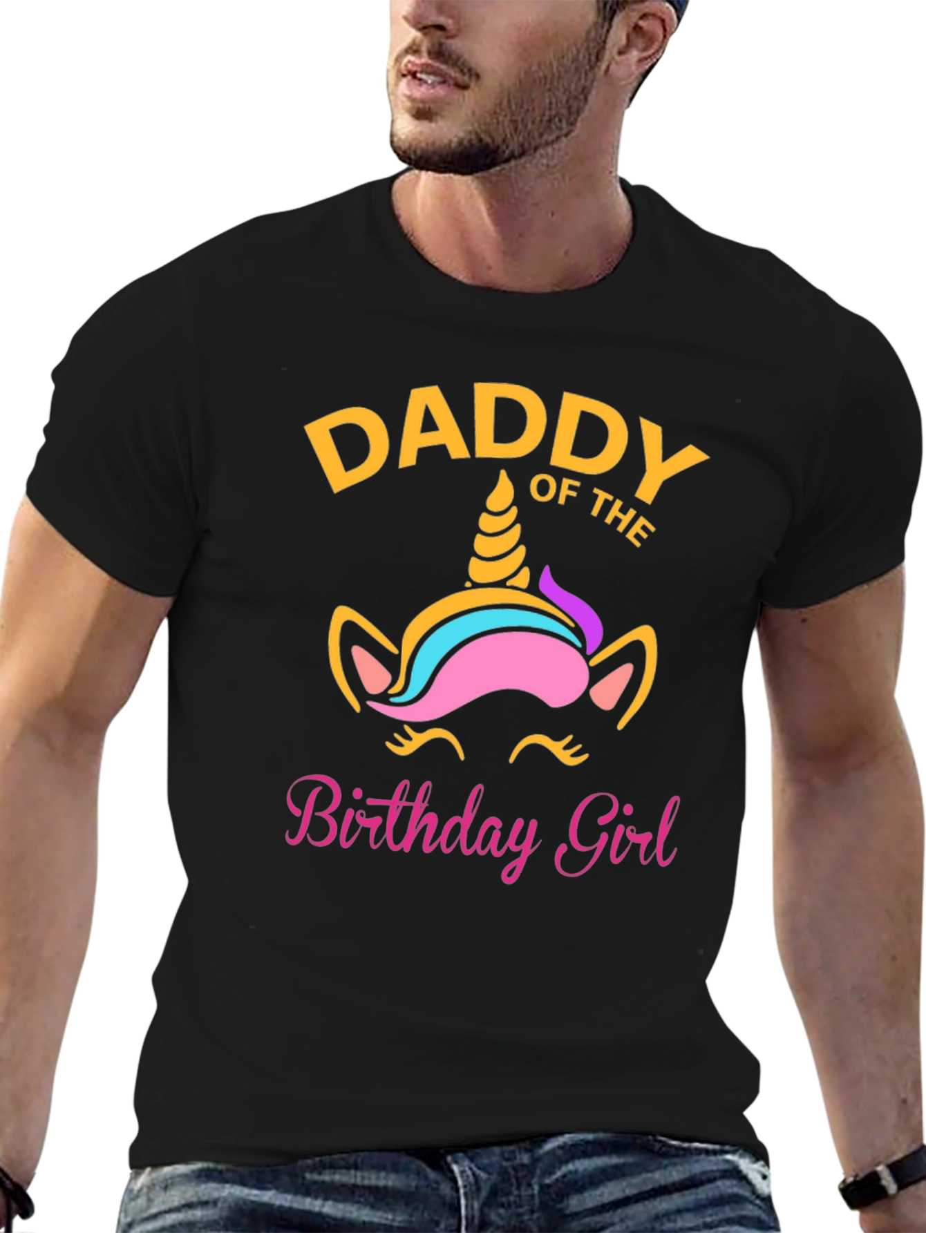 Black Daddy of the Birthday Girl Unicorn T-Shirt view 6