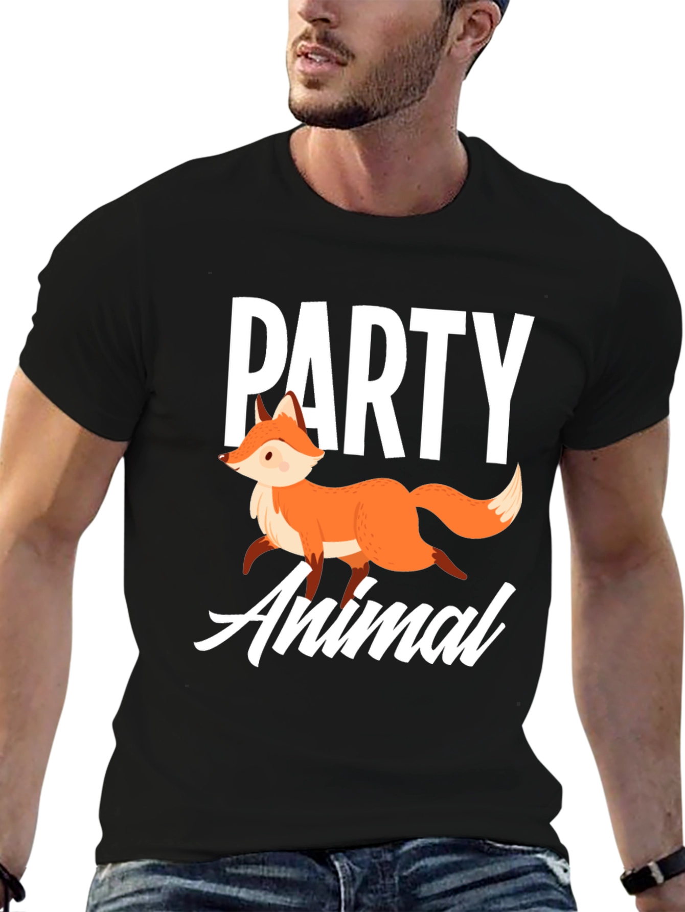 Black Party Animal Fox Graphic T-Shirt - Unisex view 6