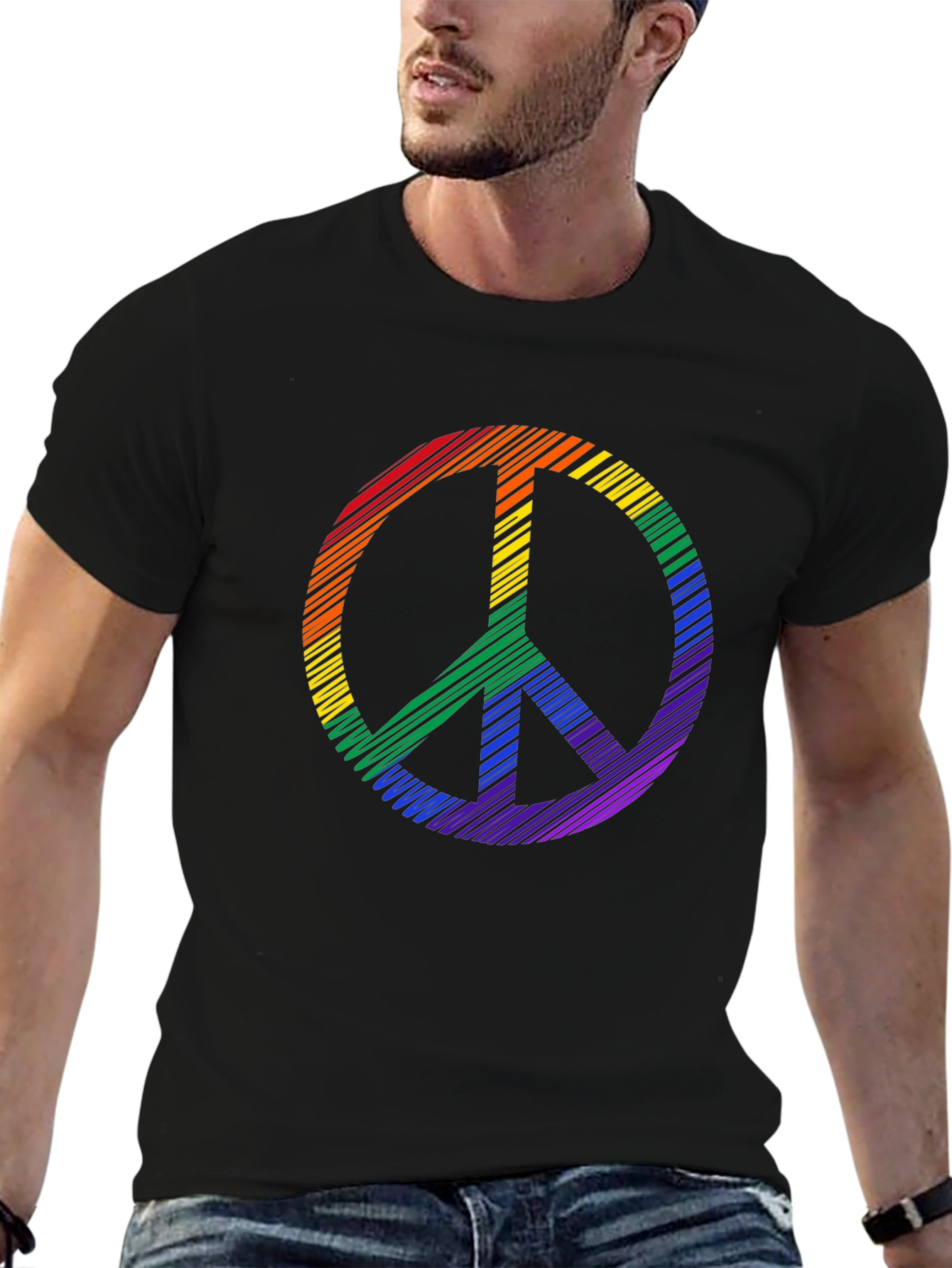 Black Rainbow Peace Sign Graphic Tee - Black Cotton Casual Shirt view 6