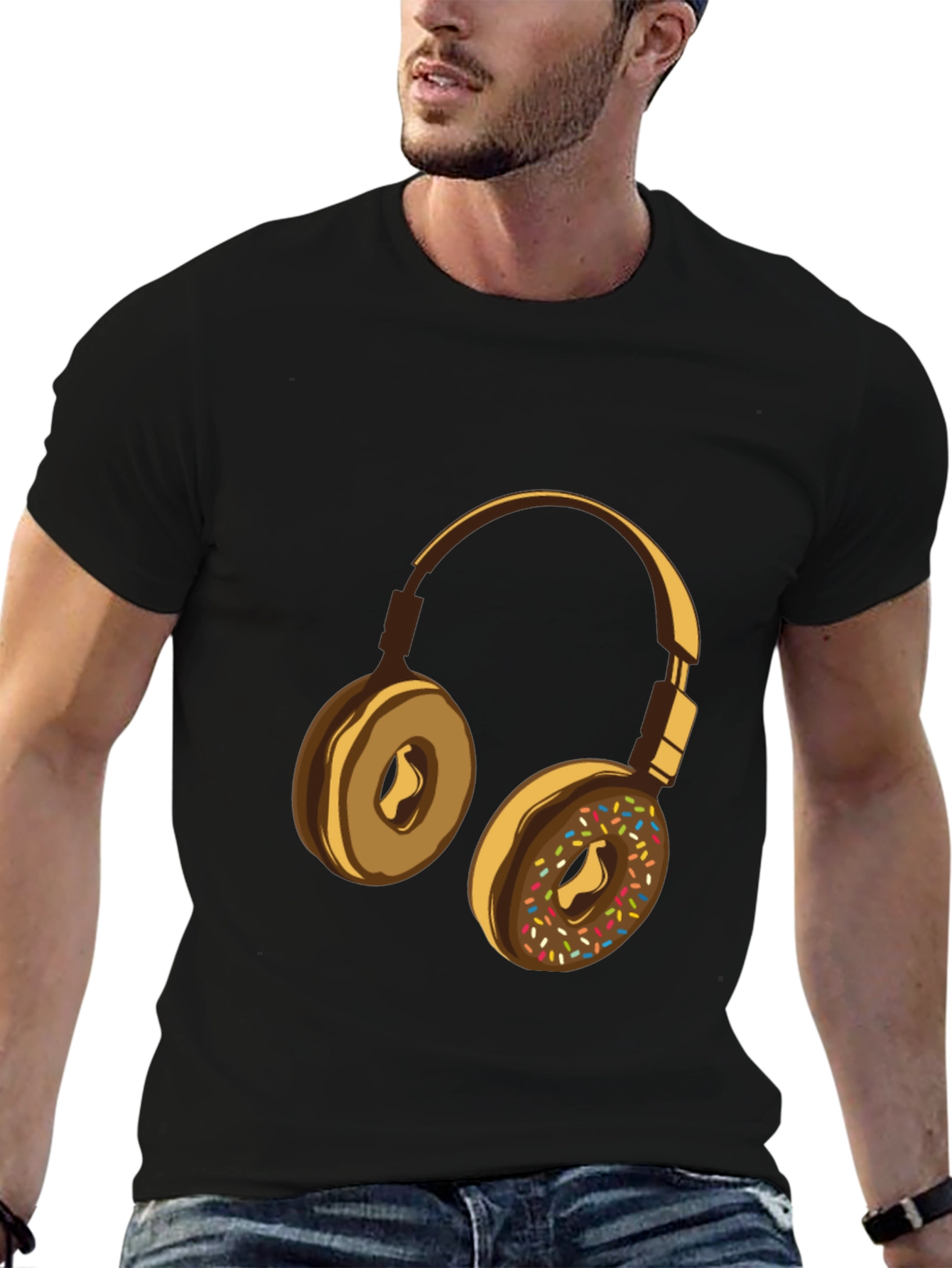 Black Donut Headphones Graphic Tee - Music Lover's Shirt view 6