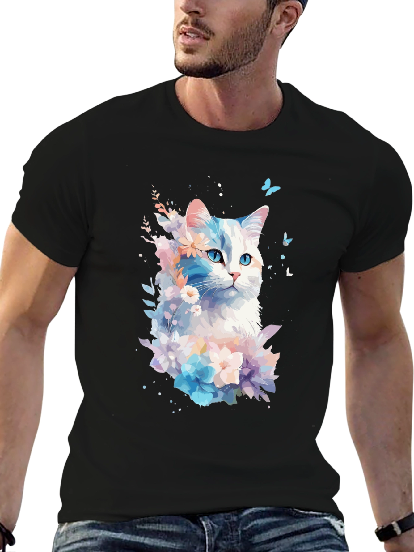 Black Floral Cat Graphic Black T-Shirt view 6