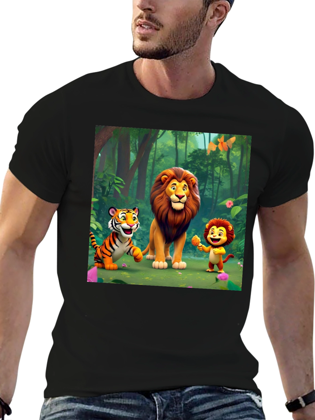 Black Cartoon Animal Print T-Shirt view 6