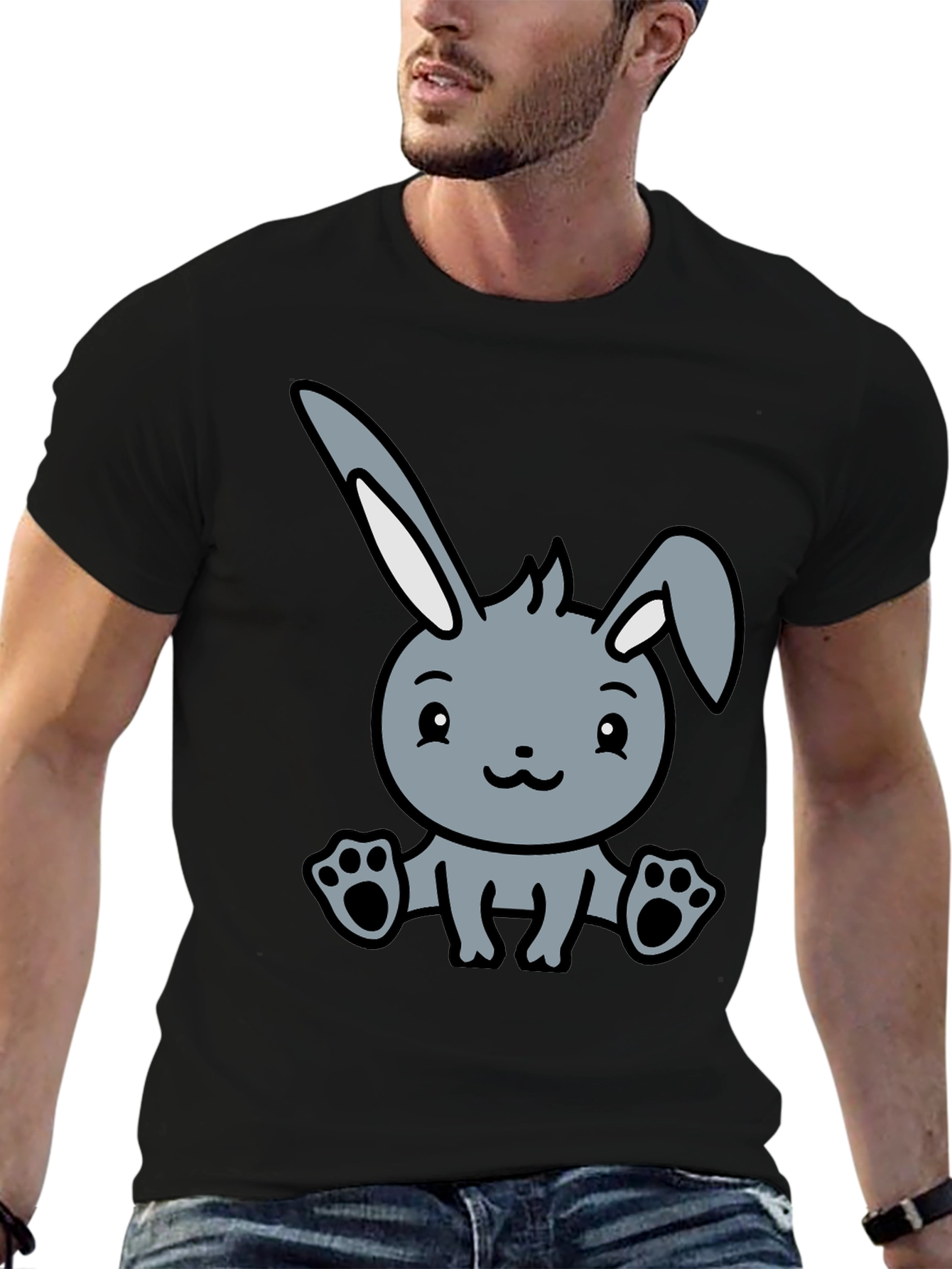 Black Cute Cartoon Bunny Graphic Black T-Shirt view 6