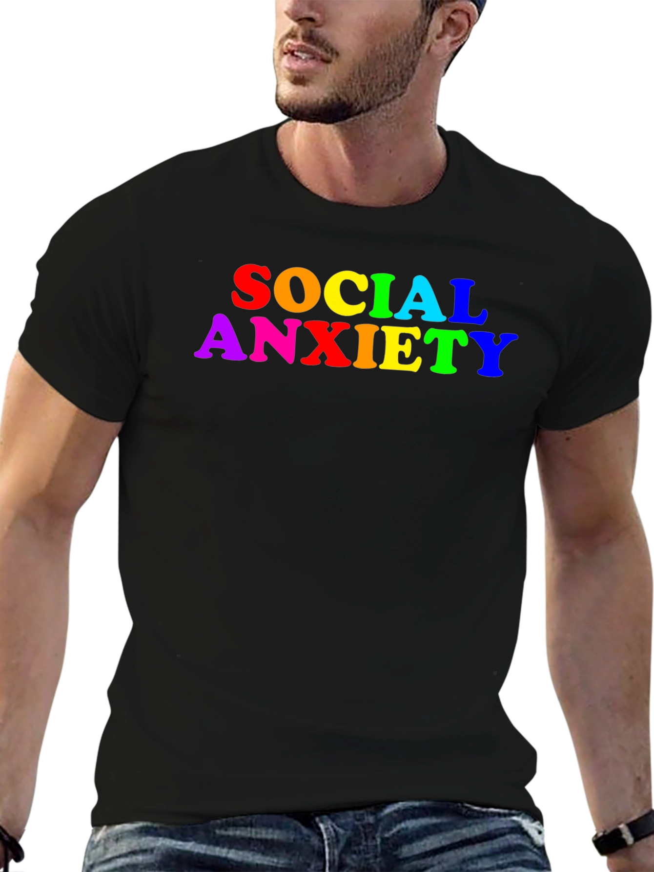 Black Social Anxiety Rainbow Text Black T-Shirt view 6