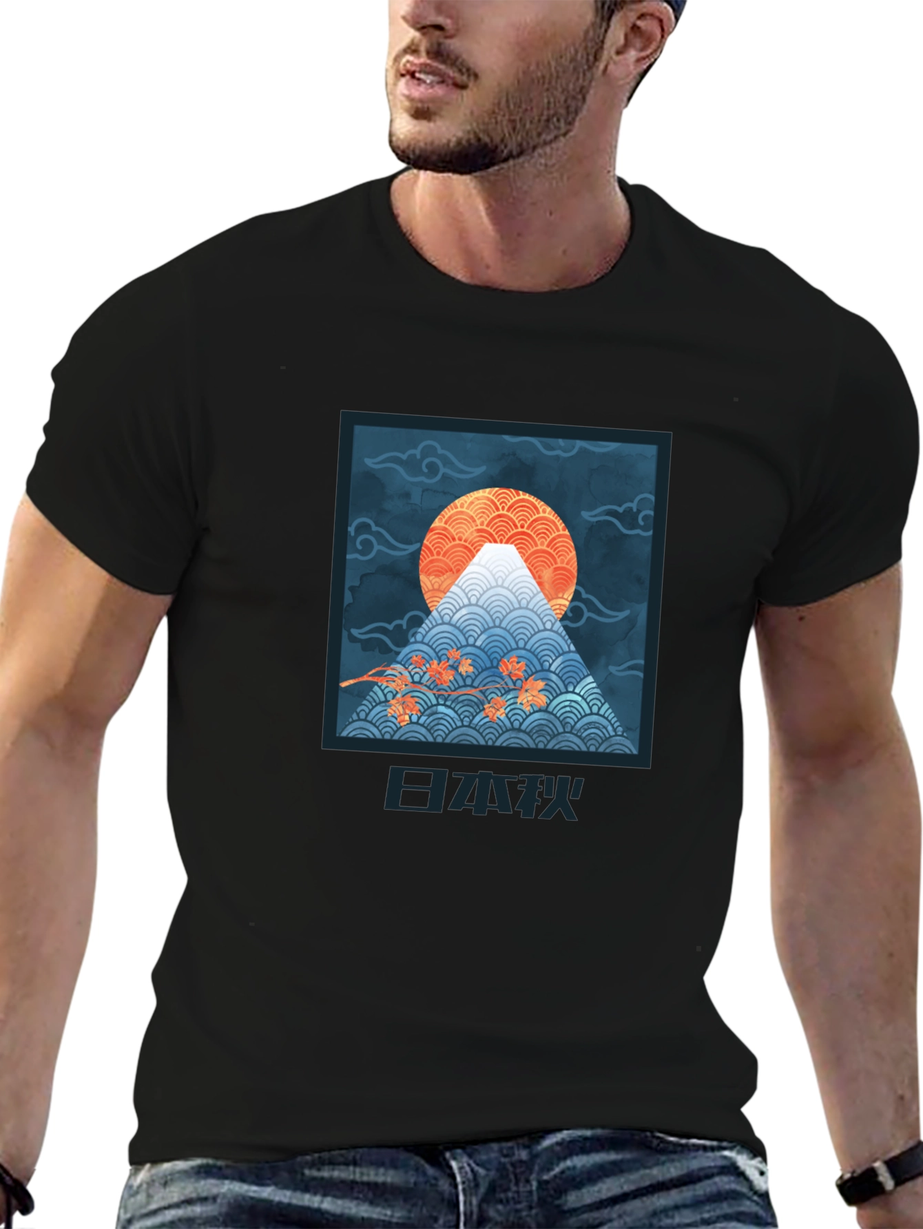 Black Japanese Art Style Graphic T-Shirt - Mount Fuji Design view 6