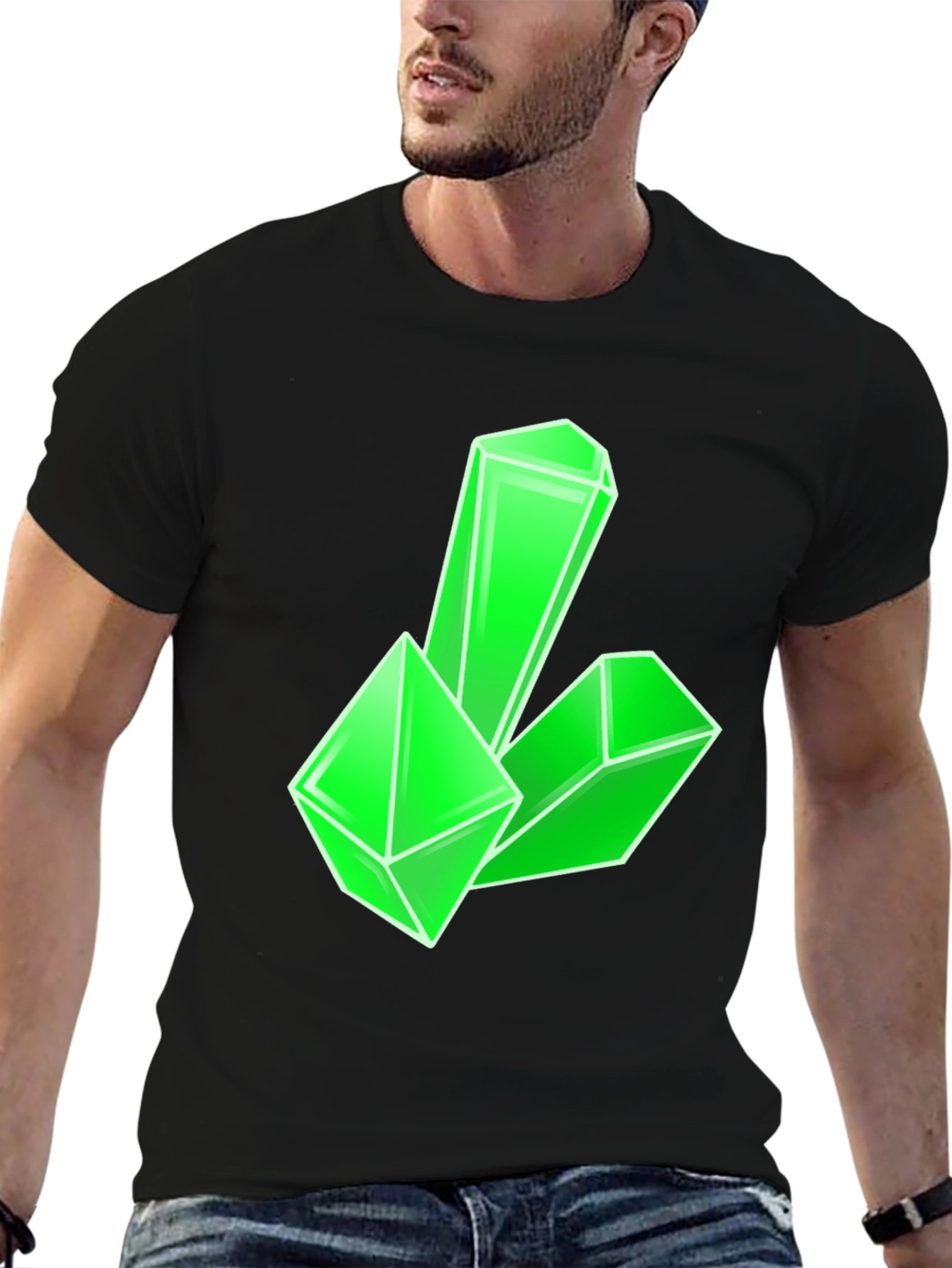 Black Geometric Green Crystal Graphic Tee - Modern Style view 6