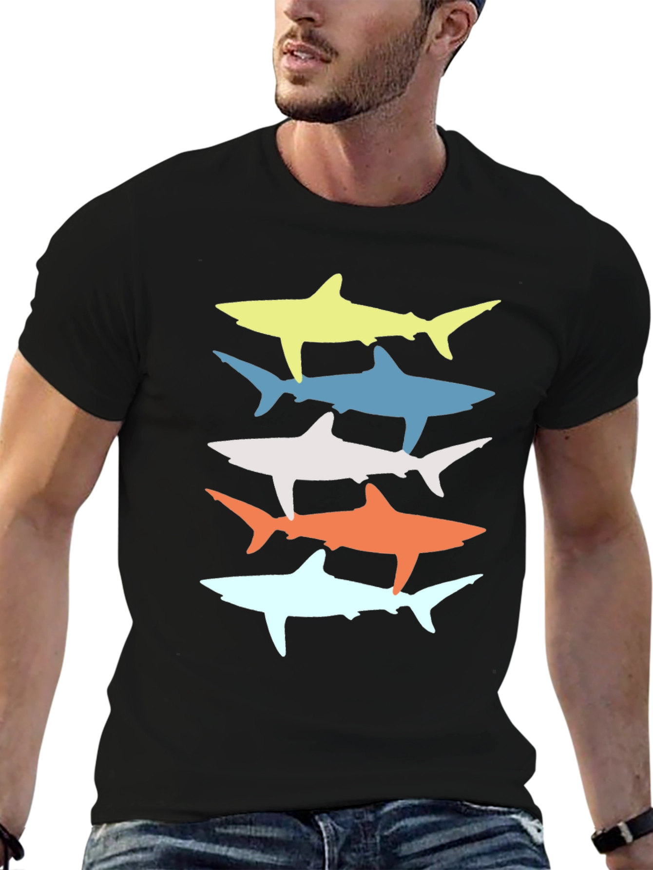 Black Retro Shark Stack Graphic Tee - Cool Casual Style view 6