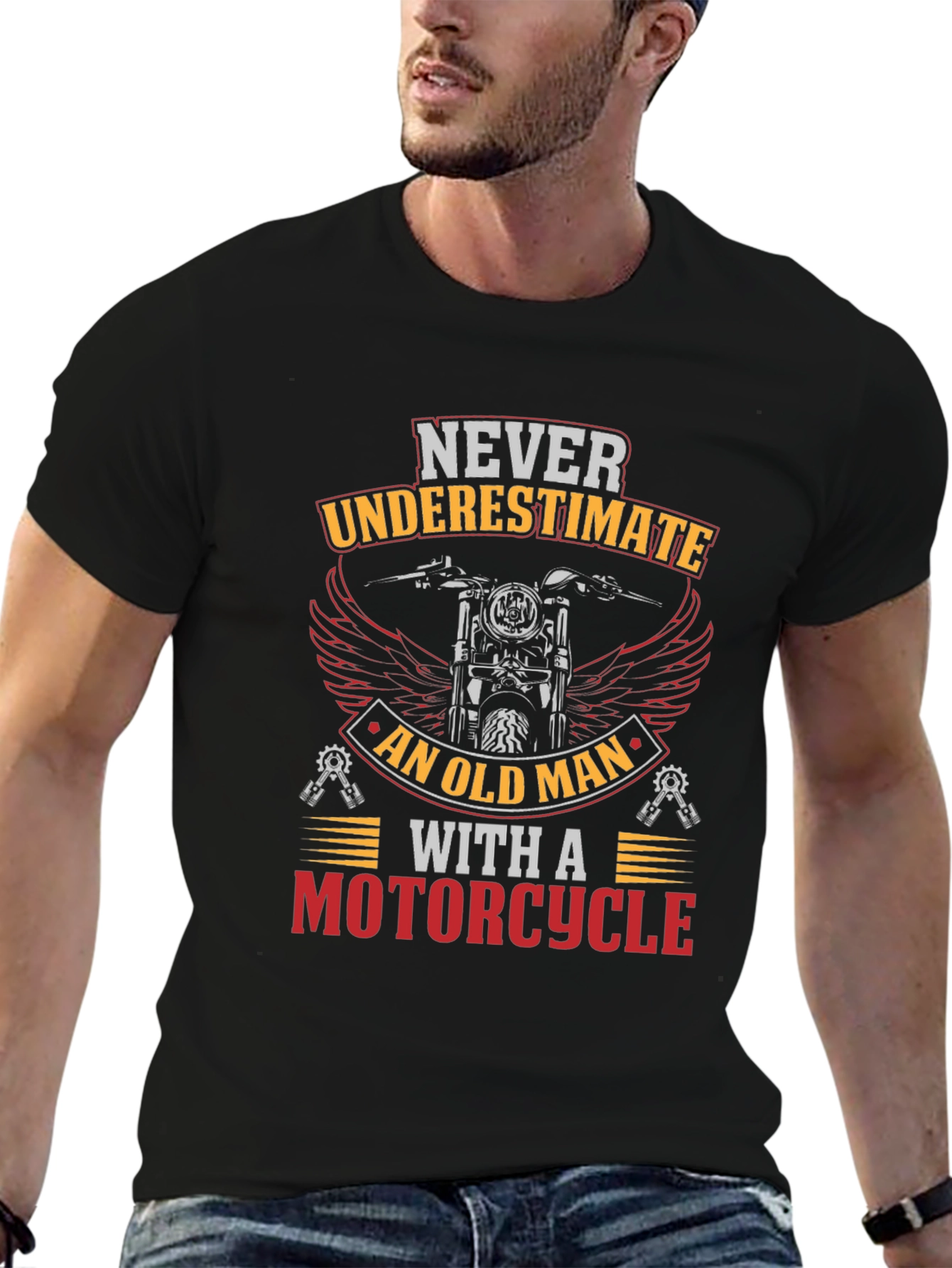 Black Never Underestimate Old Man Motorcycle Graphic T-Shirt view 6