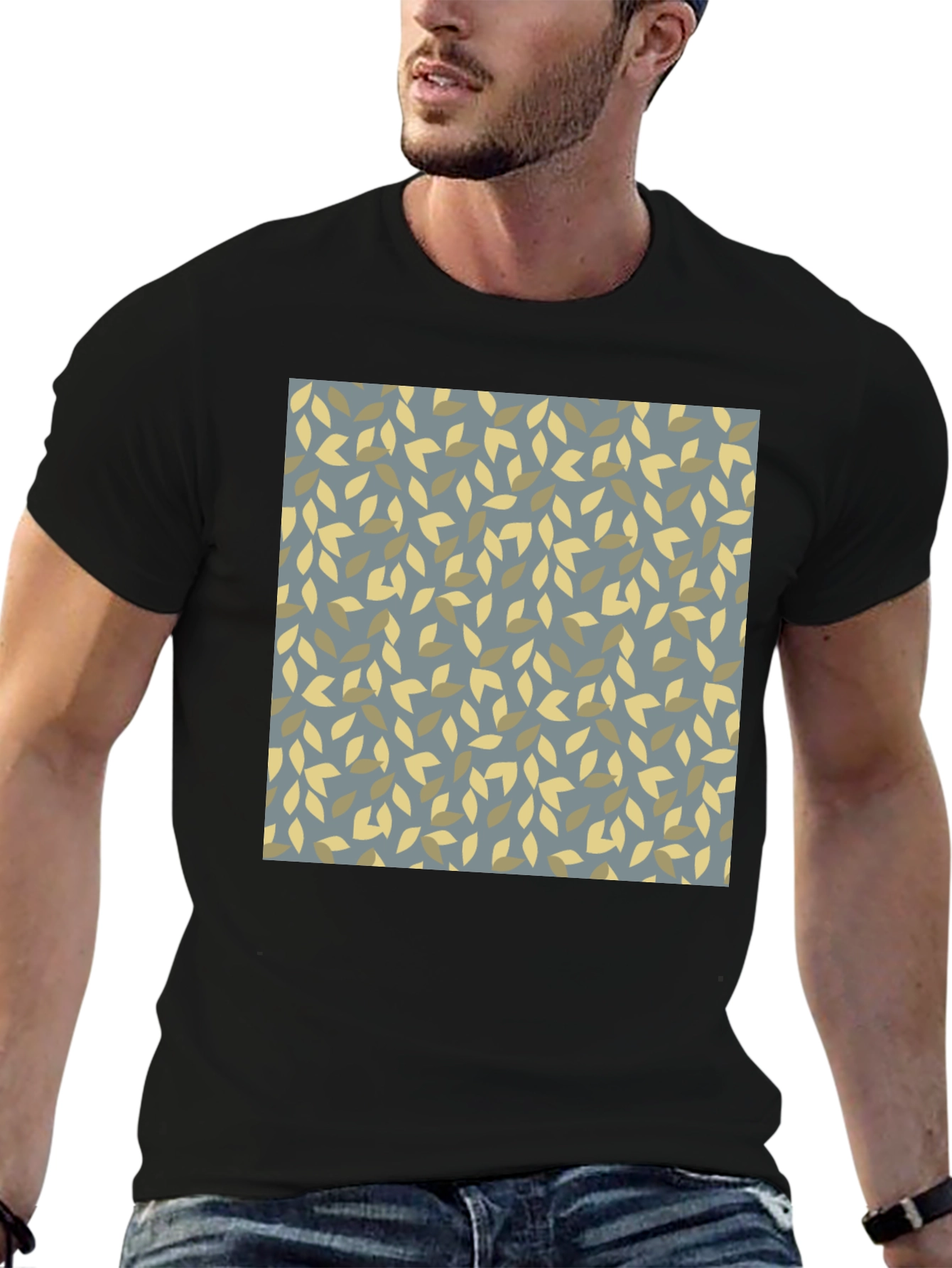 Black Leaf Pattern Black Tee - Modern Casual Style view 6