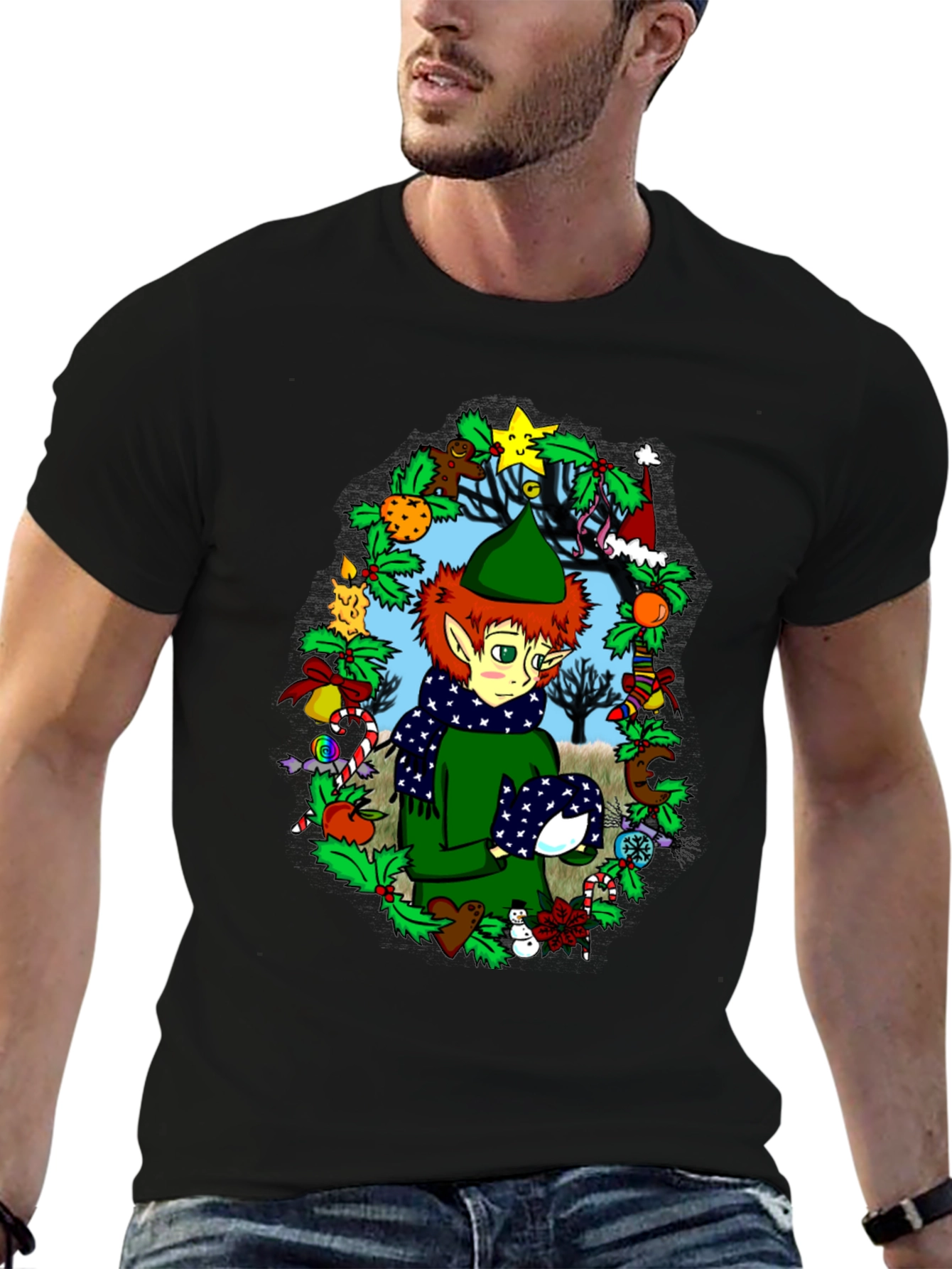 Black Festive Elf Christmas T-Shirt view 6