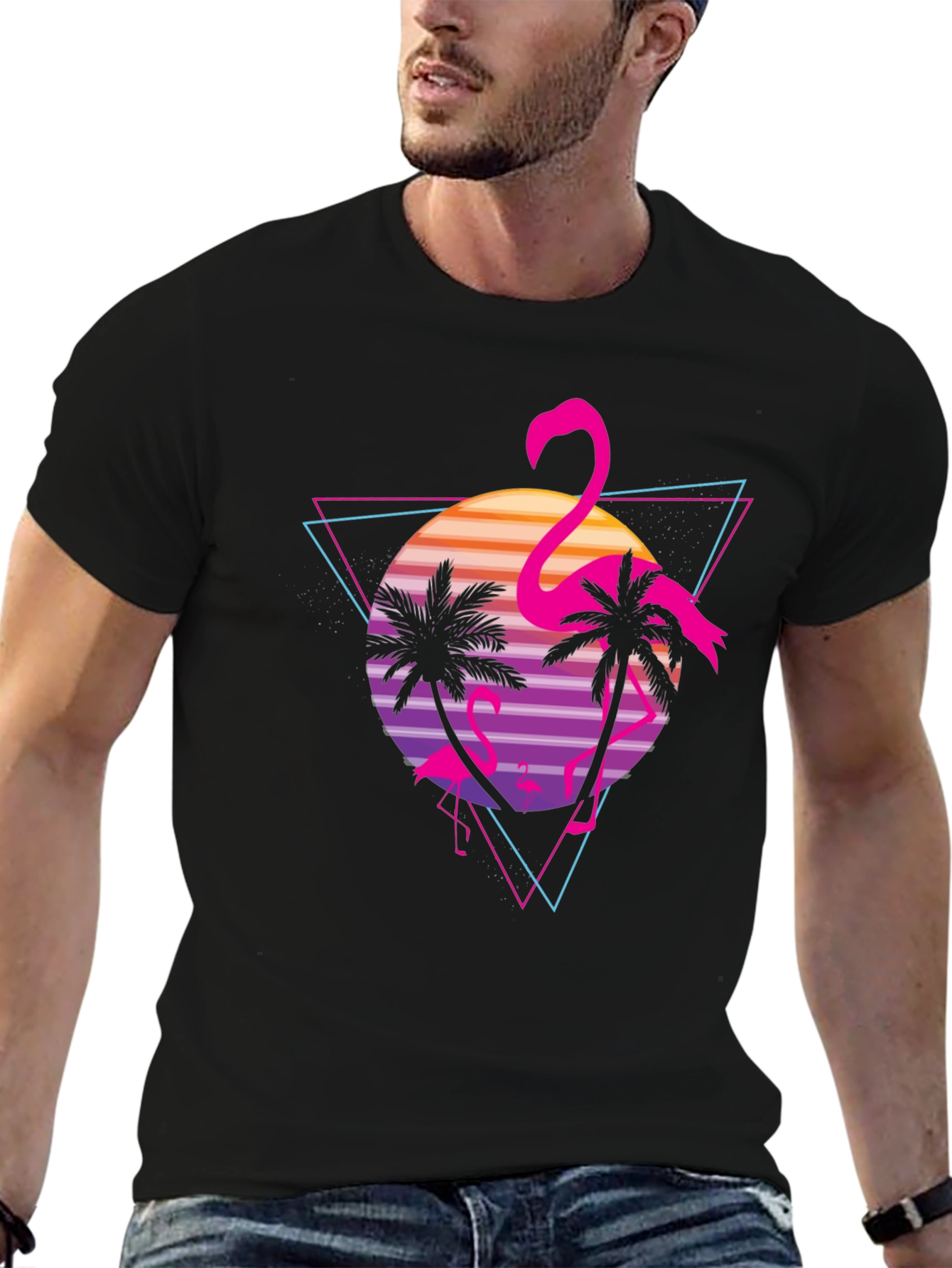 Black Retro Flamingo Sunset Graphic Tee view 6