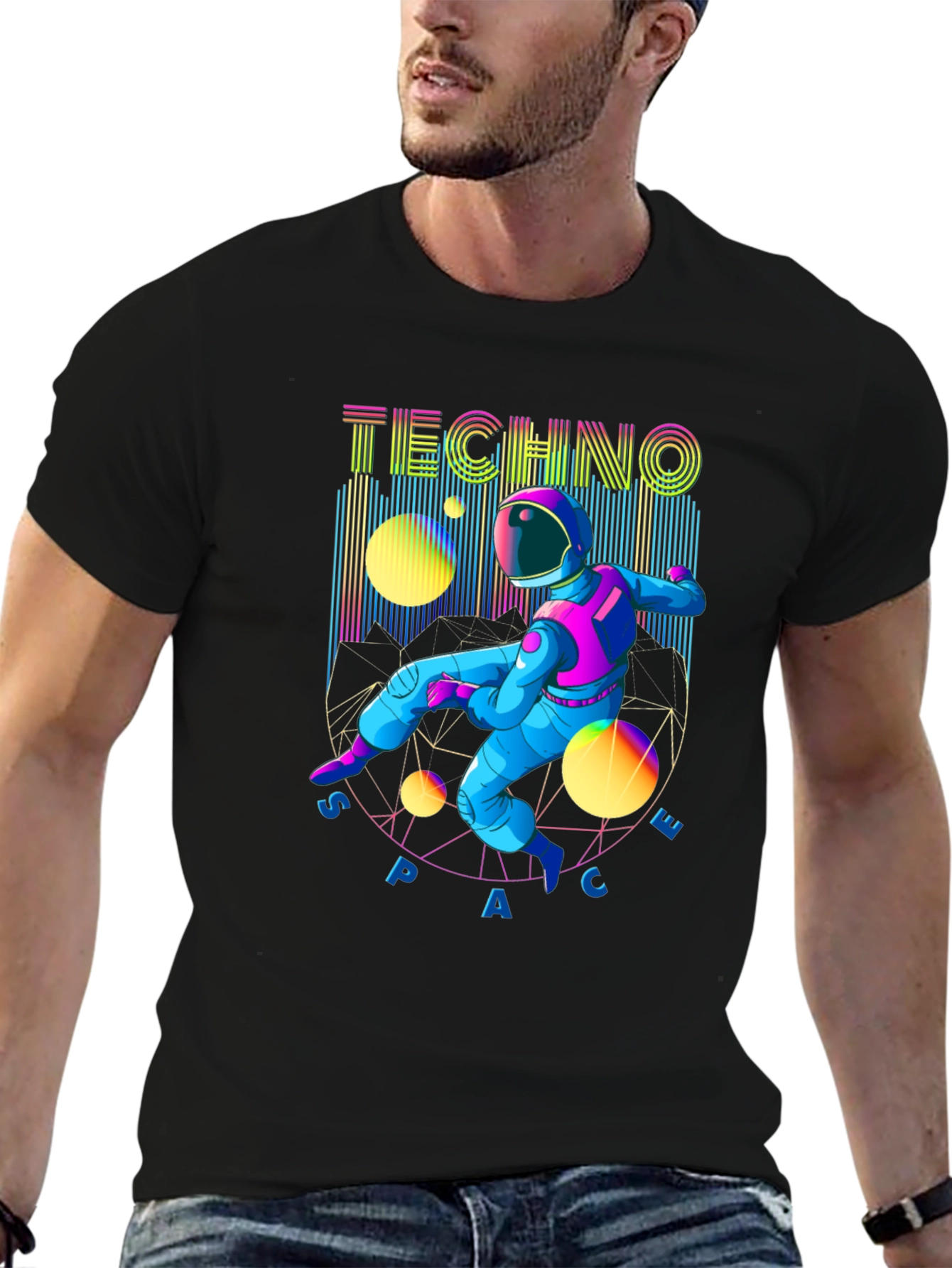 Black Techno Space T-Shirt - Retro Astronaut Design view 6