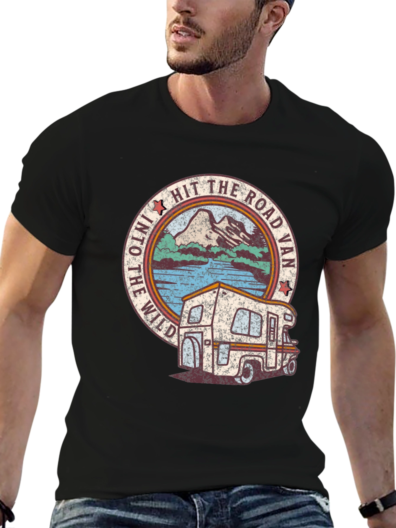 Black Hit The Road Van T-Shirt - Retro Wild Adventure Tee view 6
