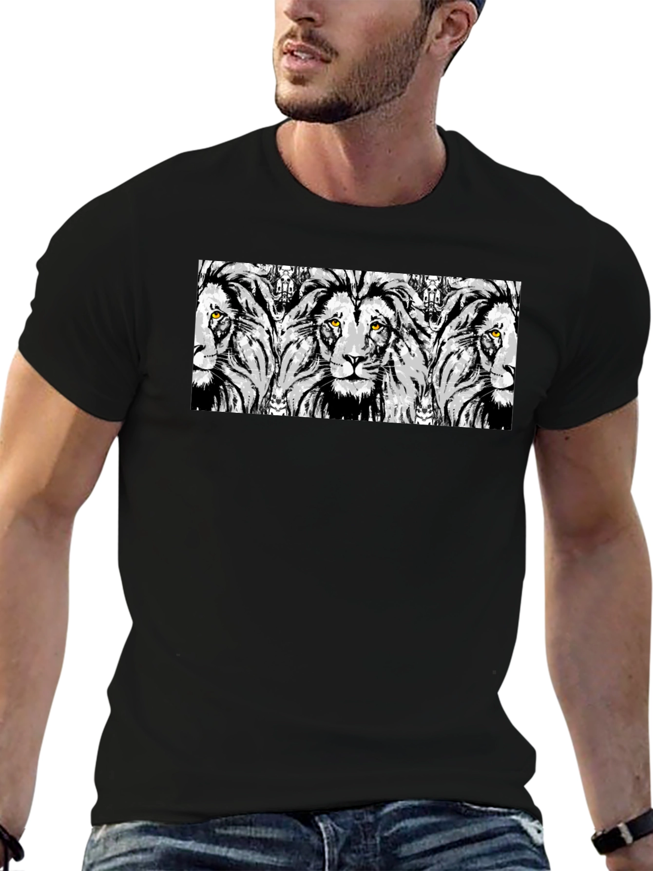 Black Lion Print Graphic Tee - Stylish Men's Black T-Shirt view 6