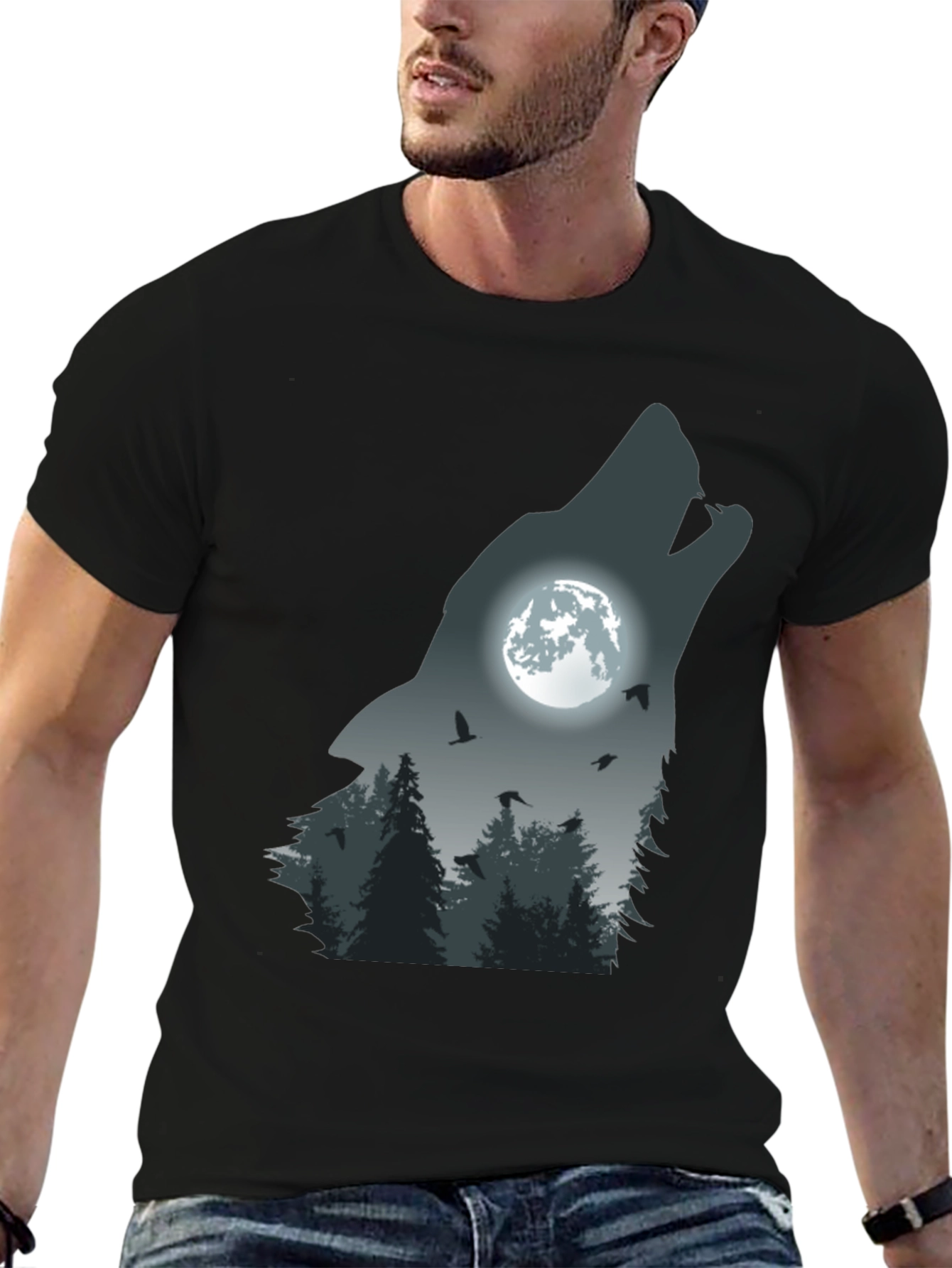 Black Wolf Moon Forest Graphic Tee - Men's Black T-Shirt view 6