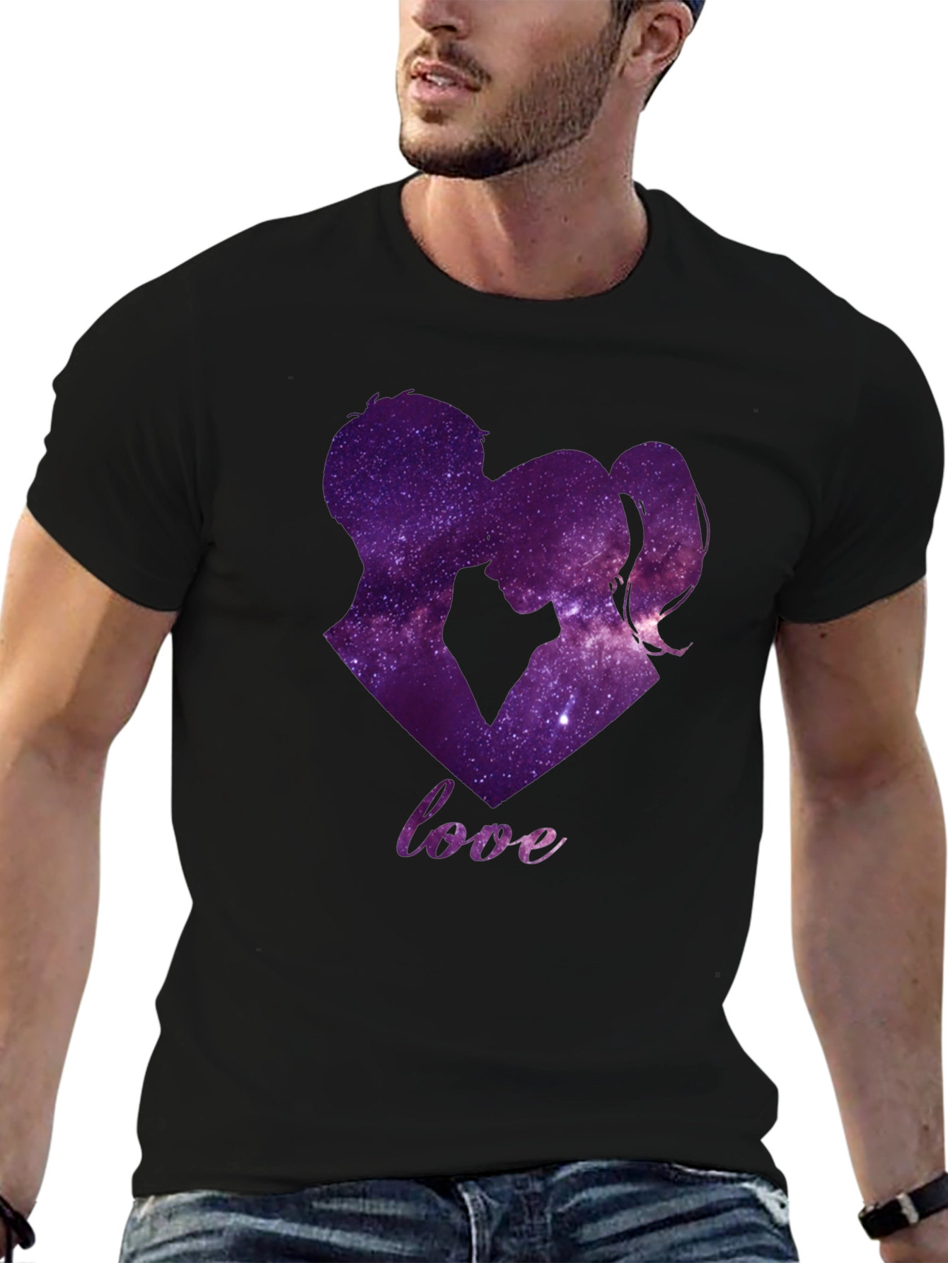 Black Galaxy Love T-Shirt - Romantic Couple Design view 6