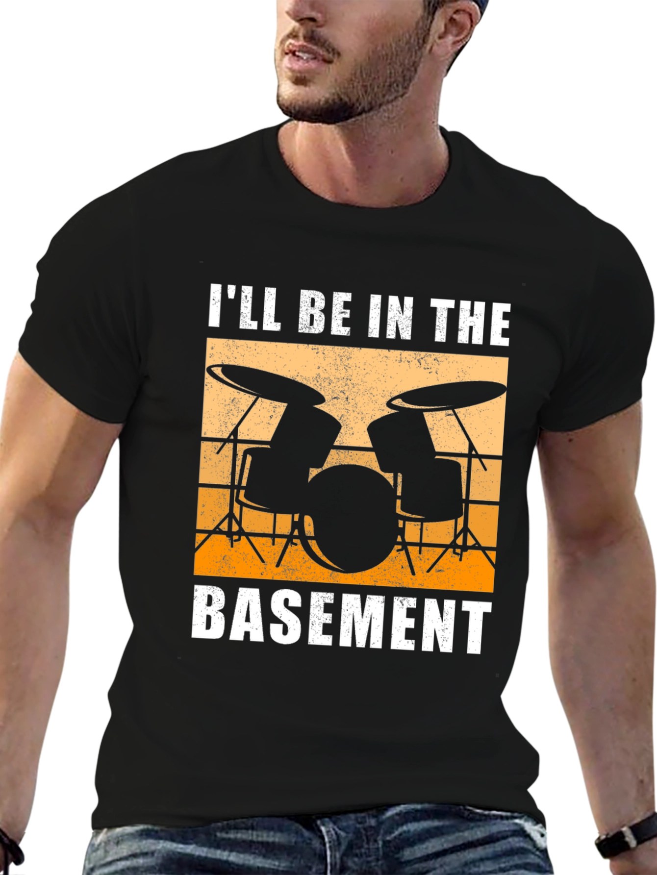Black I'll Be In The Basement Drum Set T-Shirt view 6