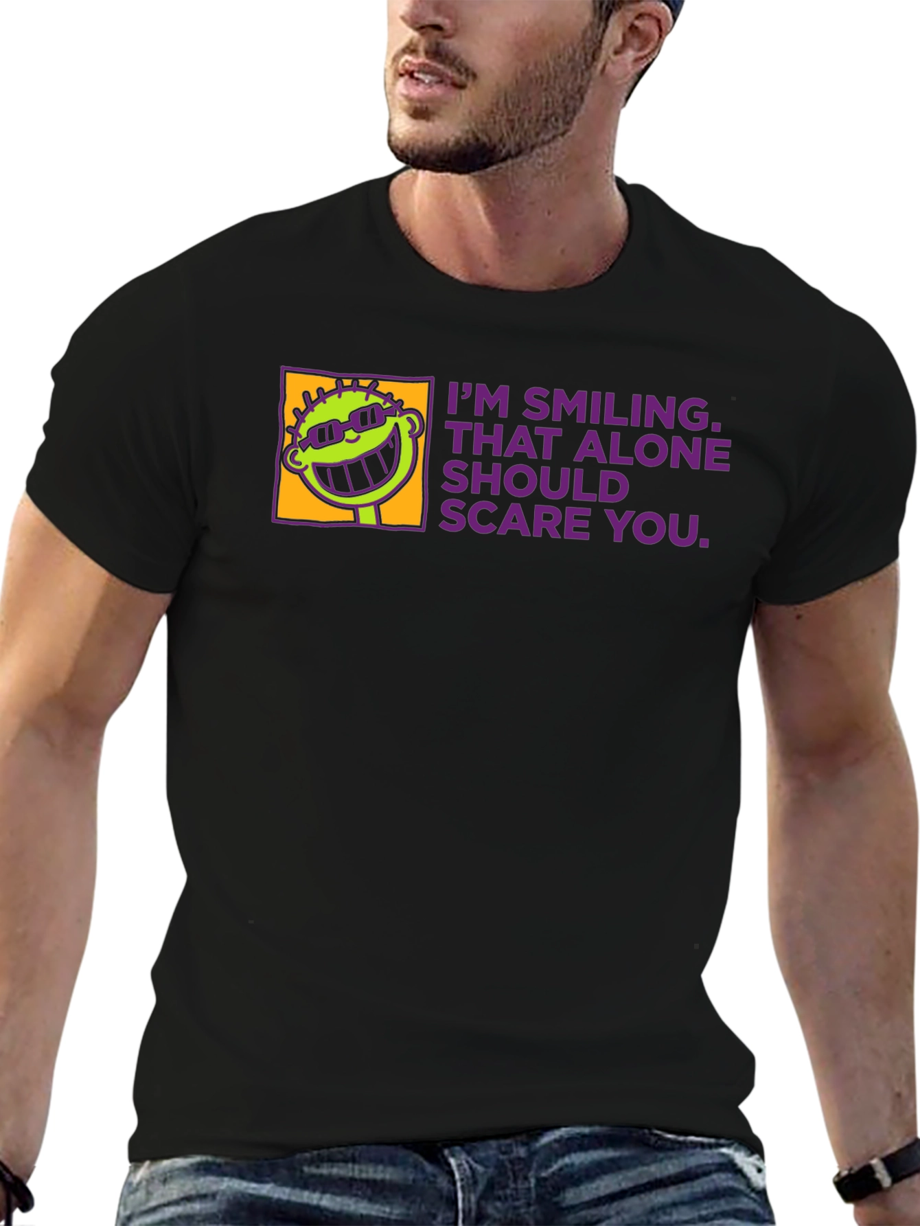 Black Smiling Alone Tee - Funny Graphic T-Shirt view 6