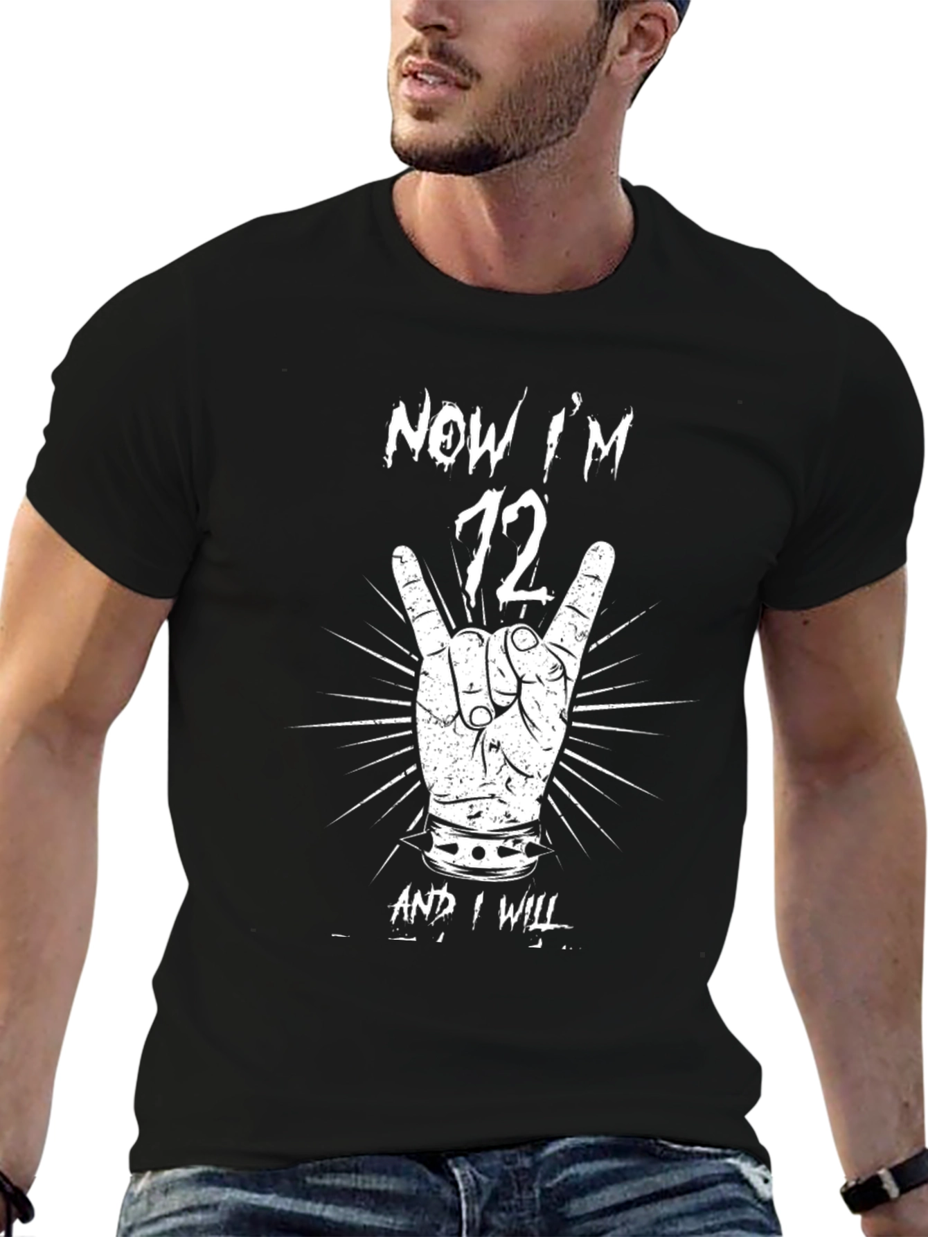 Black Now I'm 72 T-Shirt Rock On Hand Sign view 6