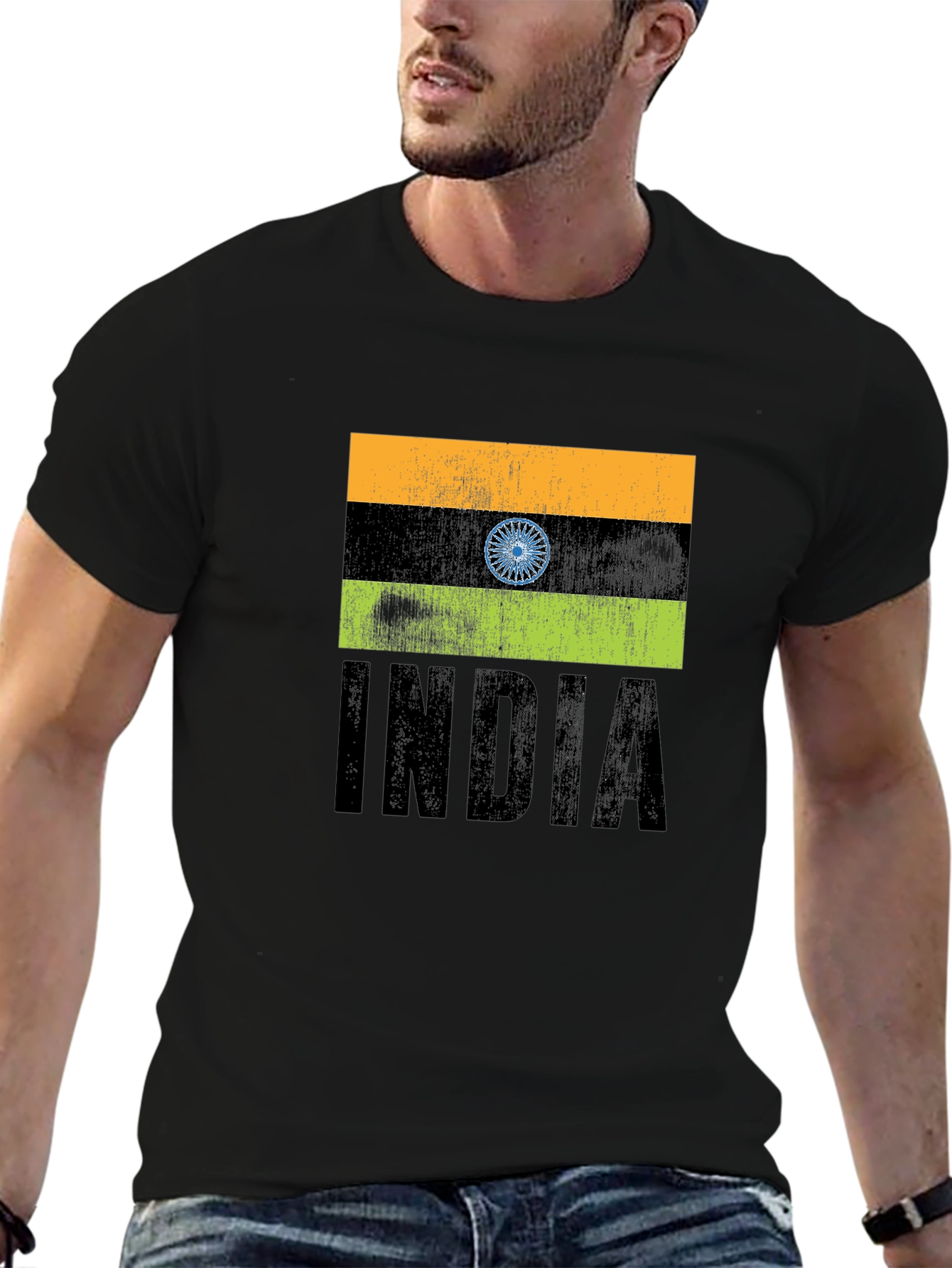 Black India Flag Graphic T-Shirt - Black Crew Neck Tee view 6