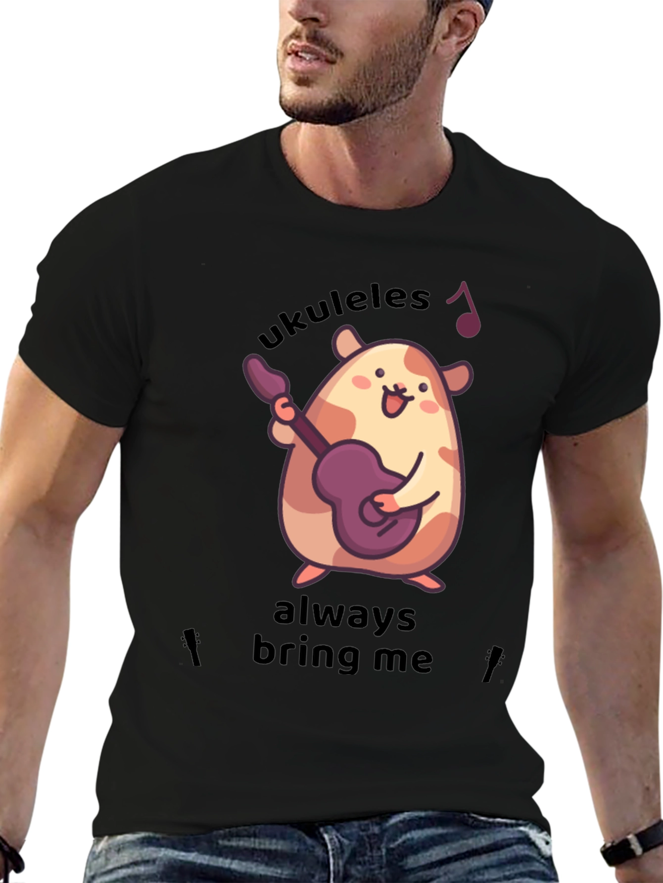 Black Cute Ukulele Hamster Graphic T-Shirt view 6