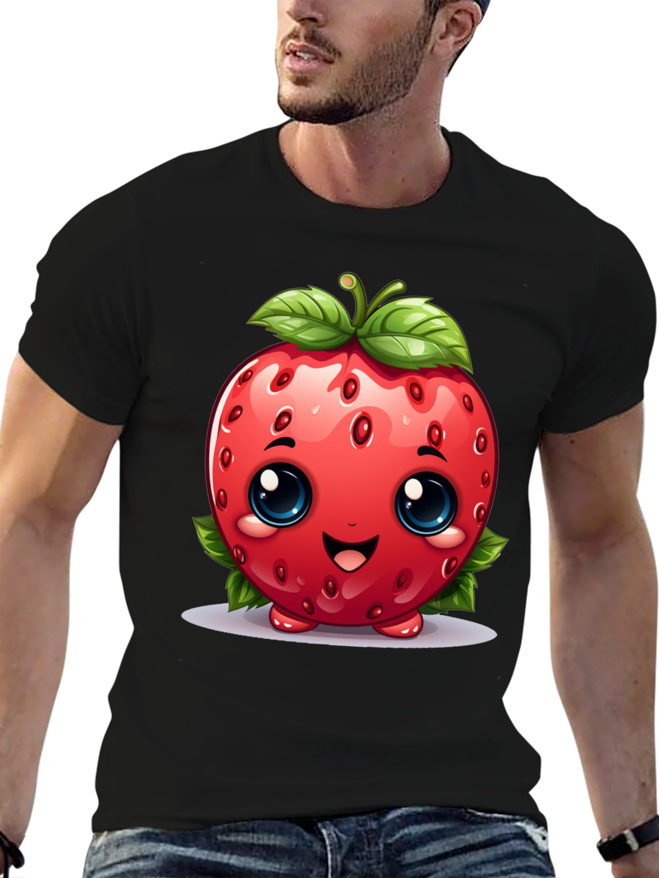 Black Cute Strawberry Character Black T-shirt view 6
