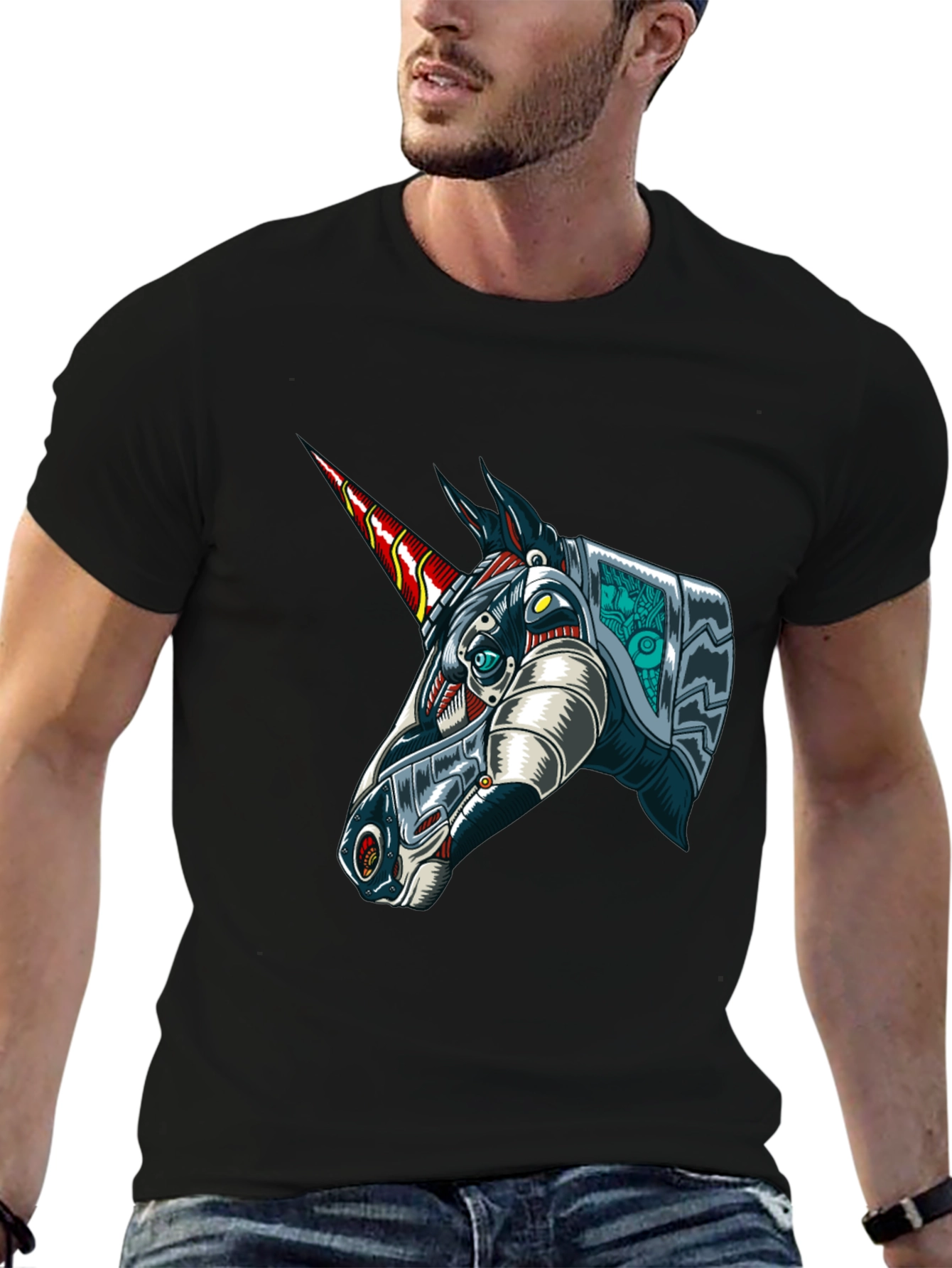 Black Robot Unicorn Graphic Tee - Black Cotton T-Shirt view 6