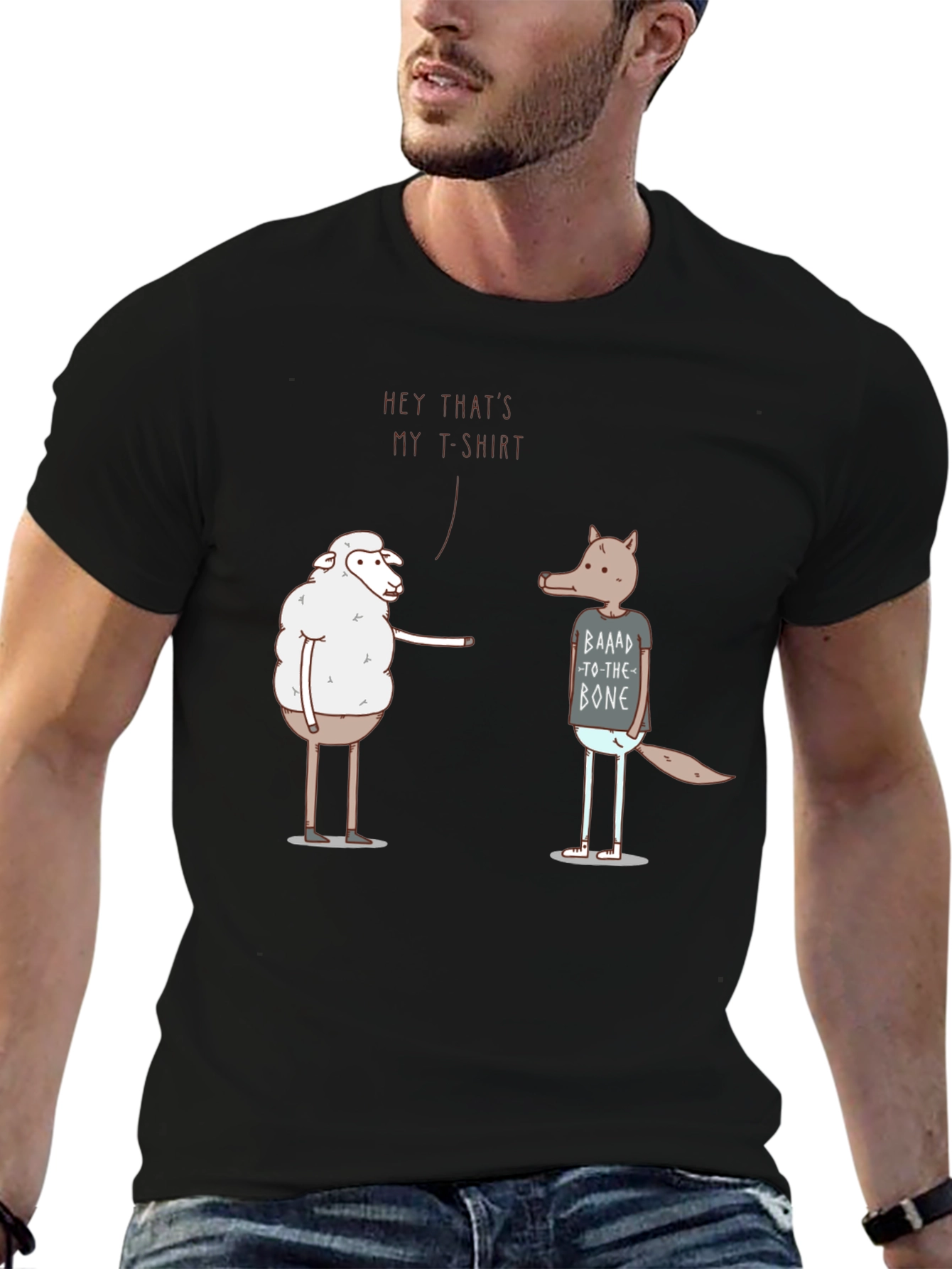 Black Funny Sheep & Wolf Graphic T-Shirt - Hey That's My T-Shirt! view 6