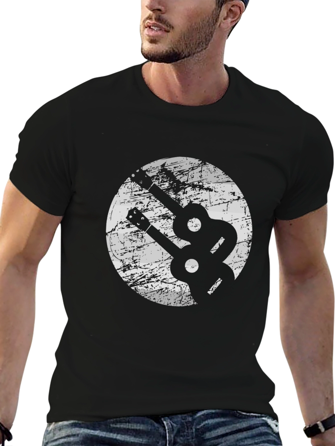 Black Retro Guitar T-Shirt - Yin Yang Music Tee view 6