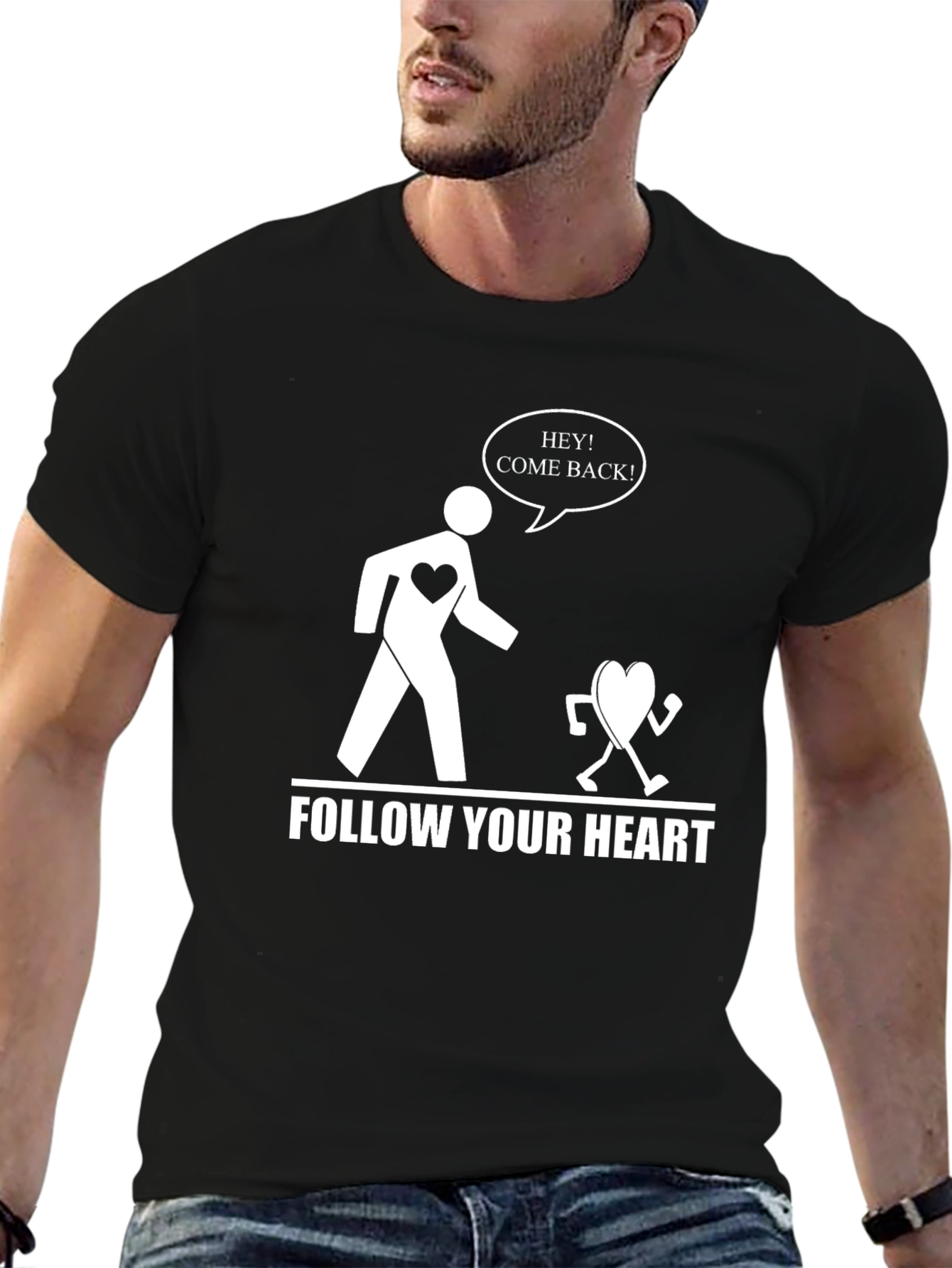 Black Follow Your Heart Funny Graphic Tee - Black view 6