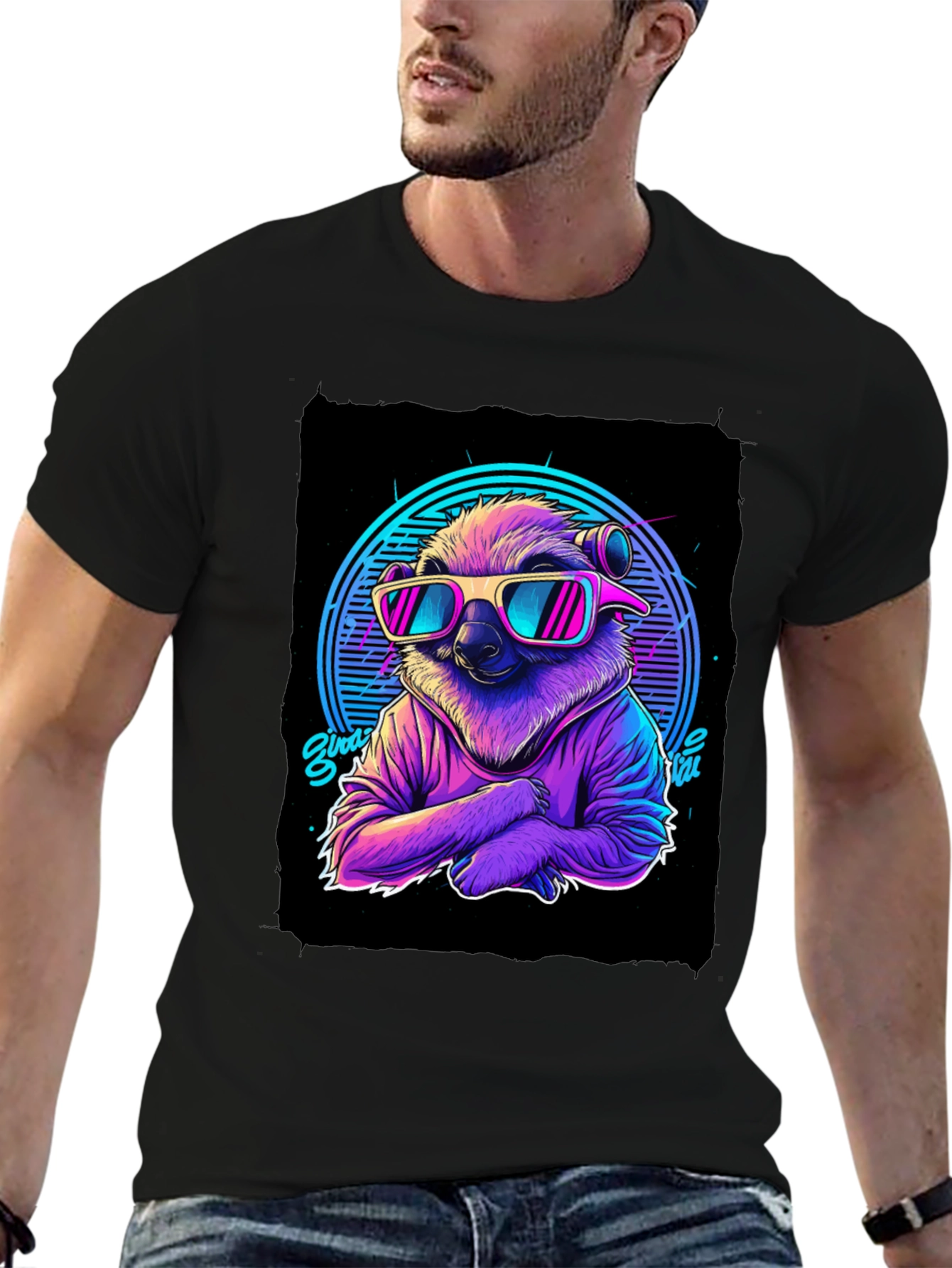 Black Retro Sloth T-Shirt - 80s Vibes view 6
